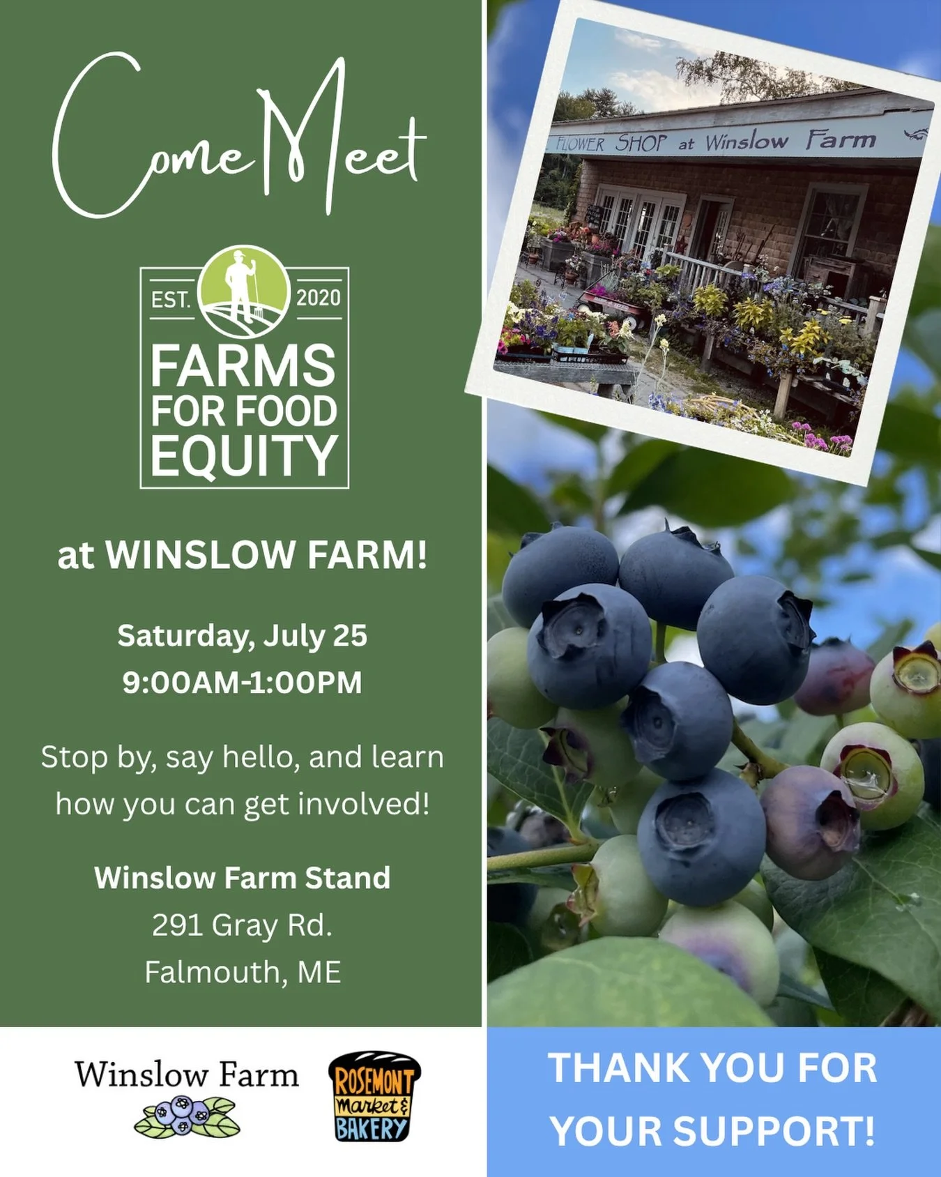🫐 Join us at Winslow Farm!

As part of our Fund a Farm campaign, we&rsquo;re partnering with Winslow Farm for a special community event at their Farm Stand in Falmouth!

📅 Saturday, July 25, 2026
⏰ 9:00AM&ndash;1:00PM
📍 Winslow Farm, 291 Gray Road