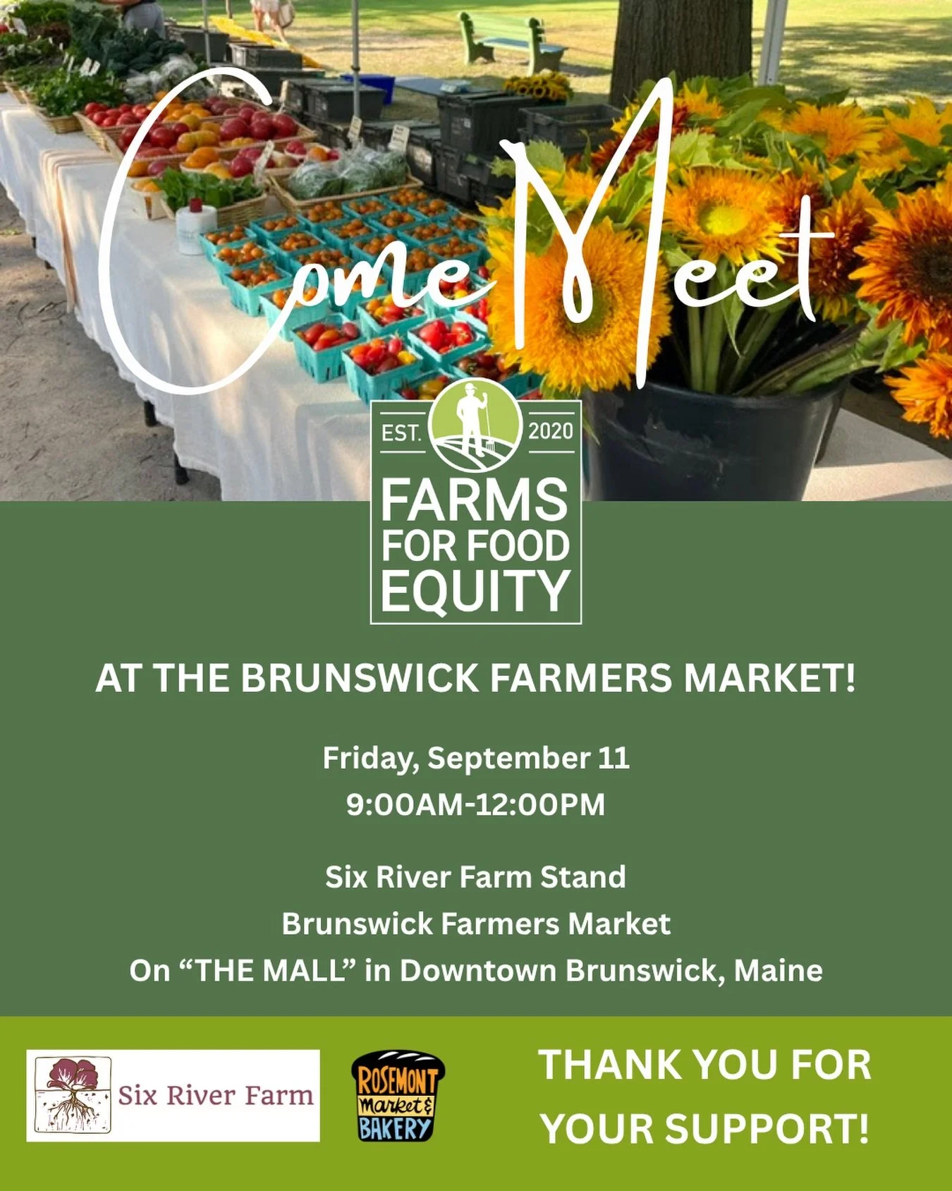 Come meet FFE at the Brunswick Farmers&rsquo; Market!

We&rsquo;ll be at Six River Farm Stand on Friday, September 11, and we&rsquo;d love to see you! Come say hello to the Farms for Food Equity team, learn more about our Fund a Farm campaign support