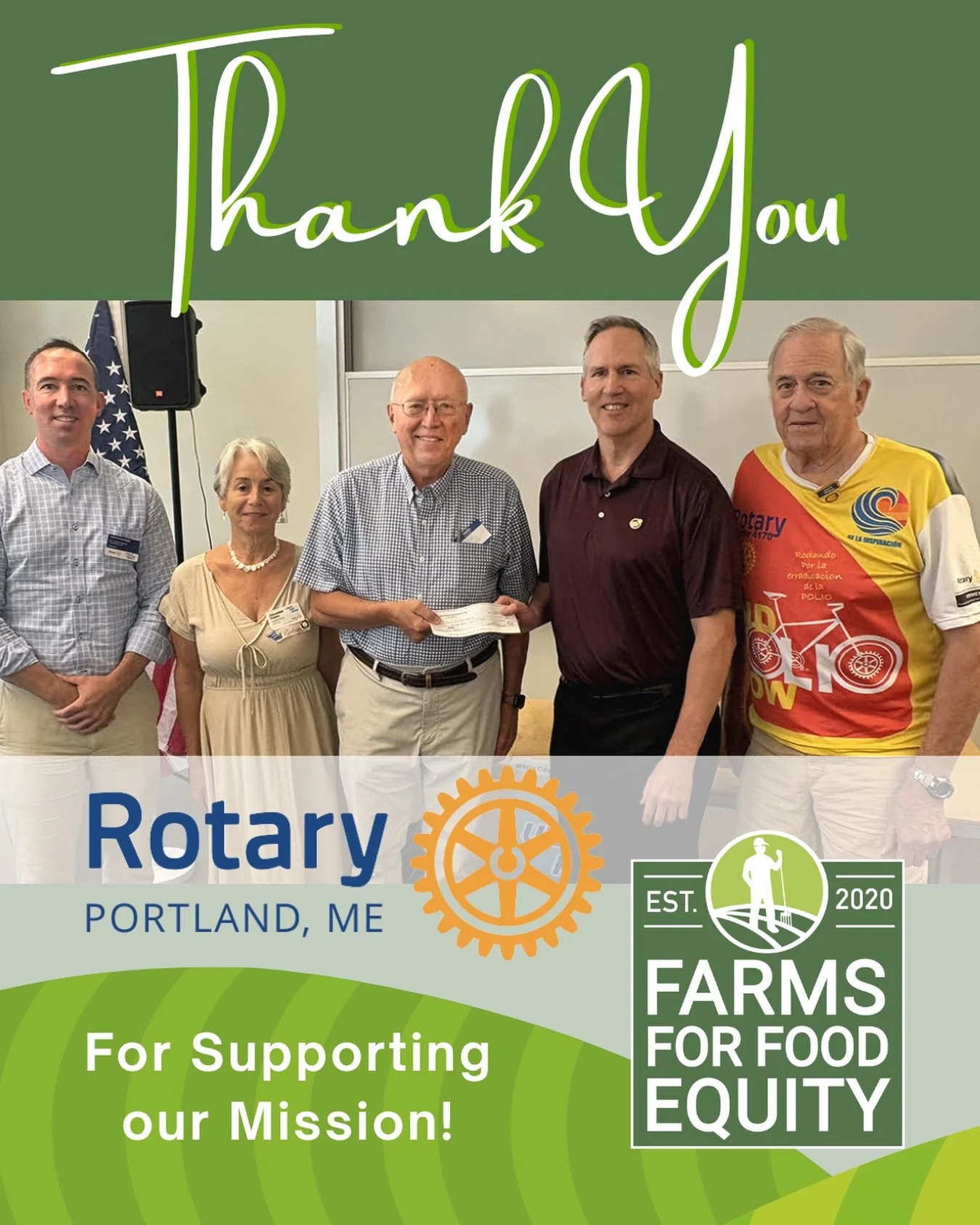 A big thank you to the Portland Rotary Club for supporting Farms for Food Equity with a $3,500 District Grant, combined with an additional $500 from the club for a total $4,000 contribution! 💚

This generous support will help FFE purchase more Maine