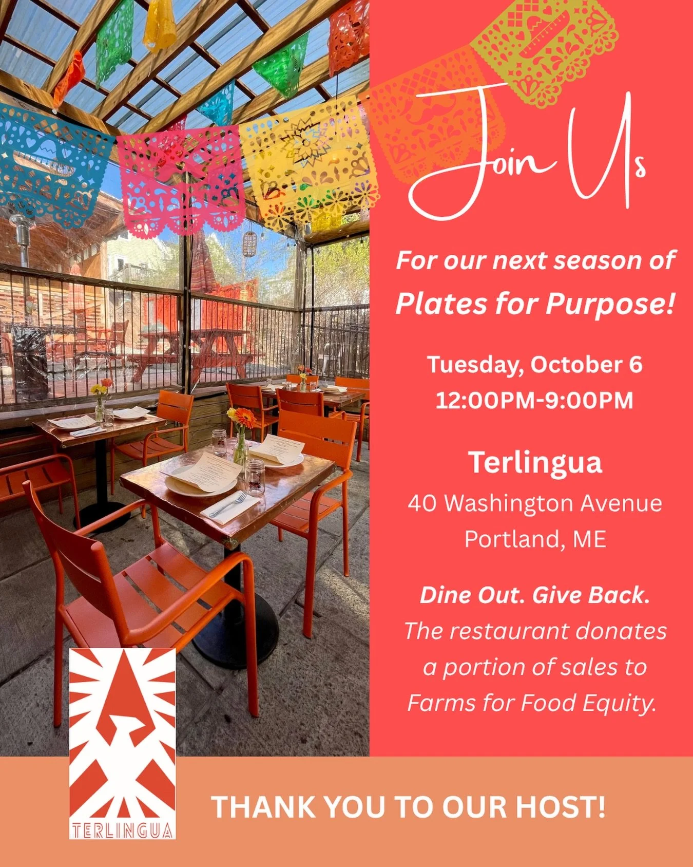Plates for Purpose is back! 🌮

We&rsquo;re kicking off a new season with our friends at Terlingua on Tuesday, October 6 from 12&ndash;9 PM!

Terlingua is joining us in supporting Farms for Food Equity&rsquo;s mission to support Maine farmers and fee