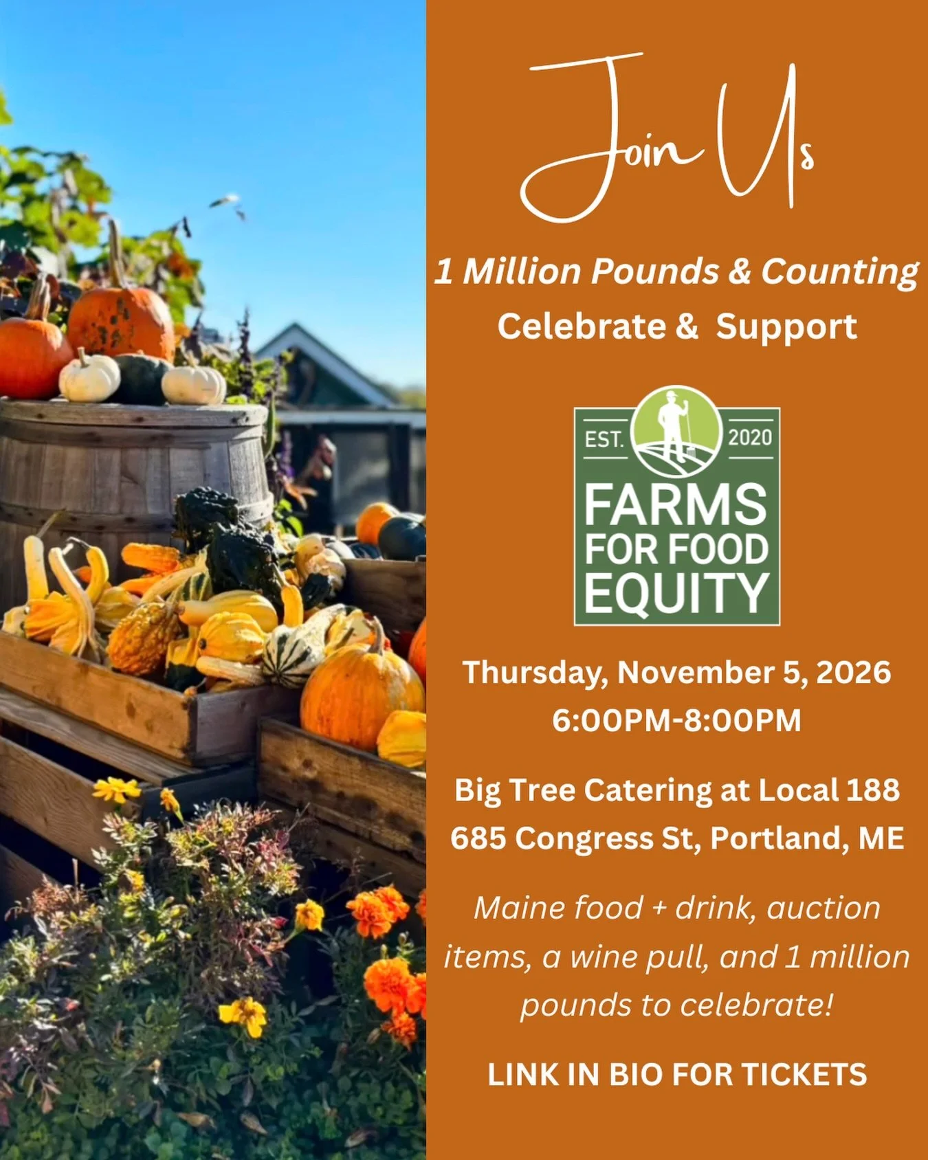 1 MILLION POUNDS &amp; COUNTING! 🎉

We&rsquo;ve hit an incredible milestone&mdash;and we&rsquo;re throwing a party to celebrate! Join us for Maine food + drink, one-of-a-kind auction items, a wine pull, and a whole lot of fun.

We&rsquo;ll celebrate