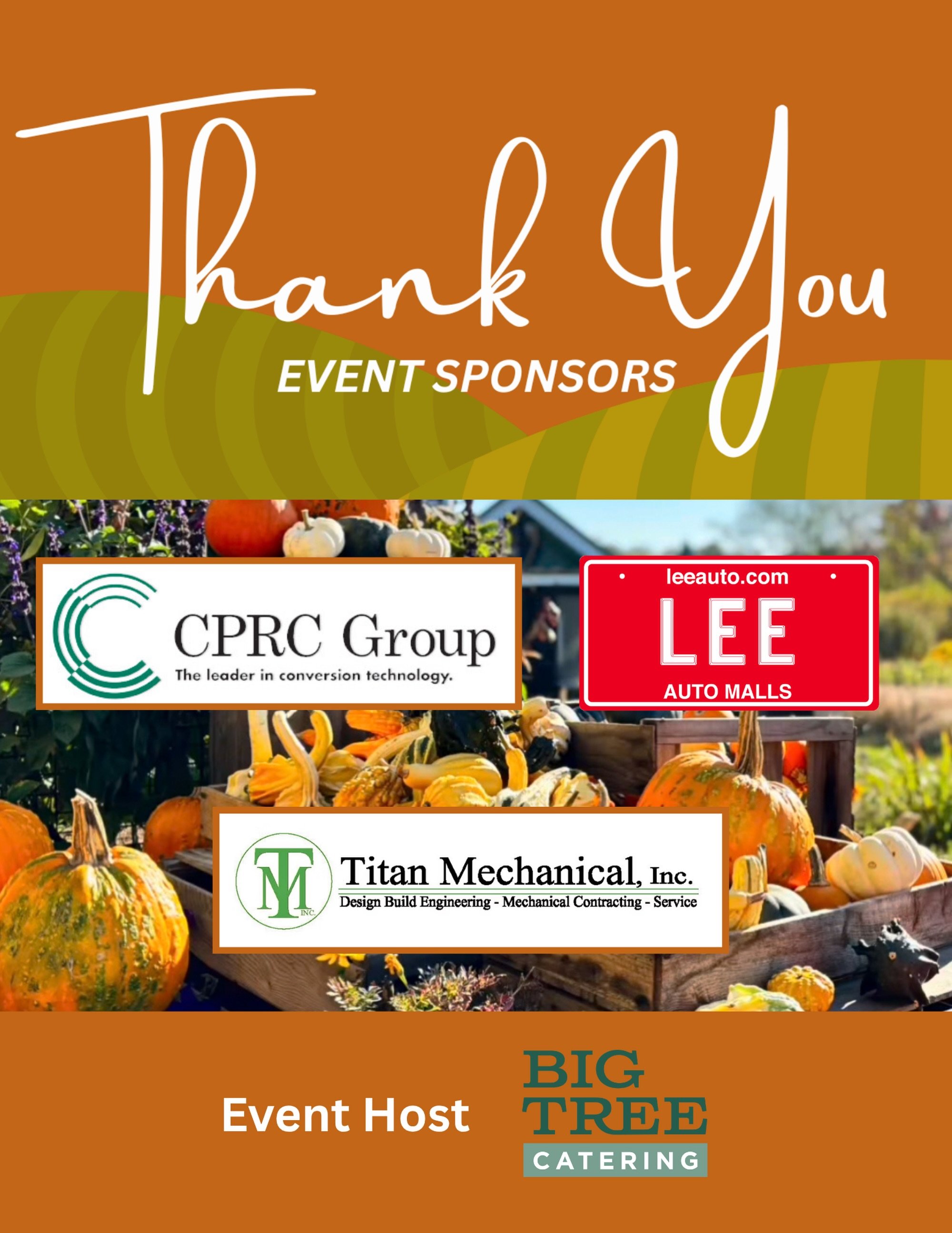 A BIG THANK YOU to our event sponsors, CPRC Group, Lee Auto, and Titan Mechanical, for supporting our 1 Million Pounds &amp; Counting Annual Fall Harvest Celebration! 💚

And a special thank you to Big Tree Catering for hosting us and helping bring t
