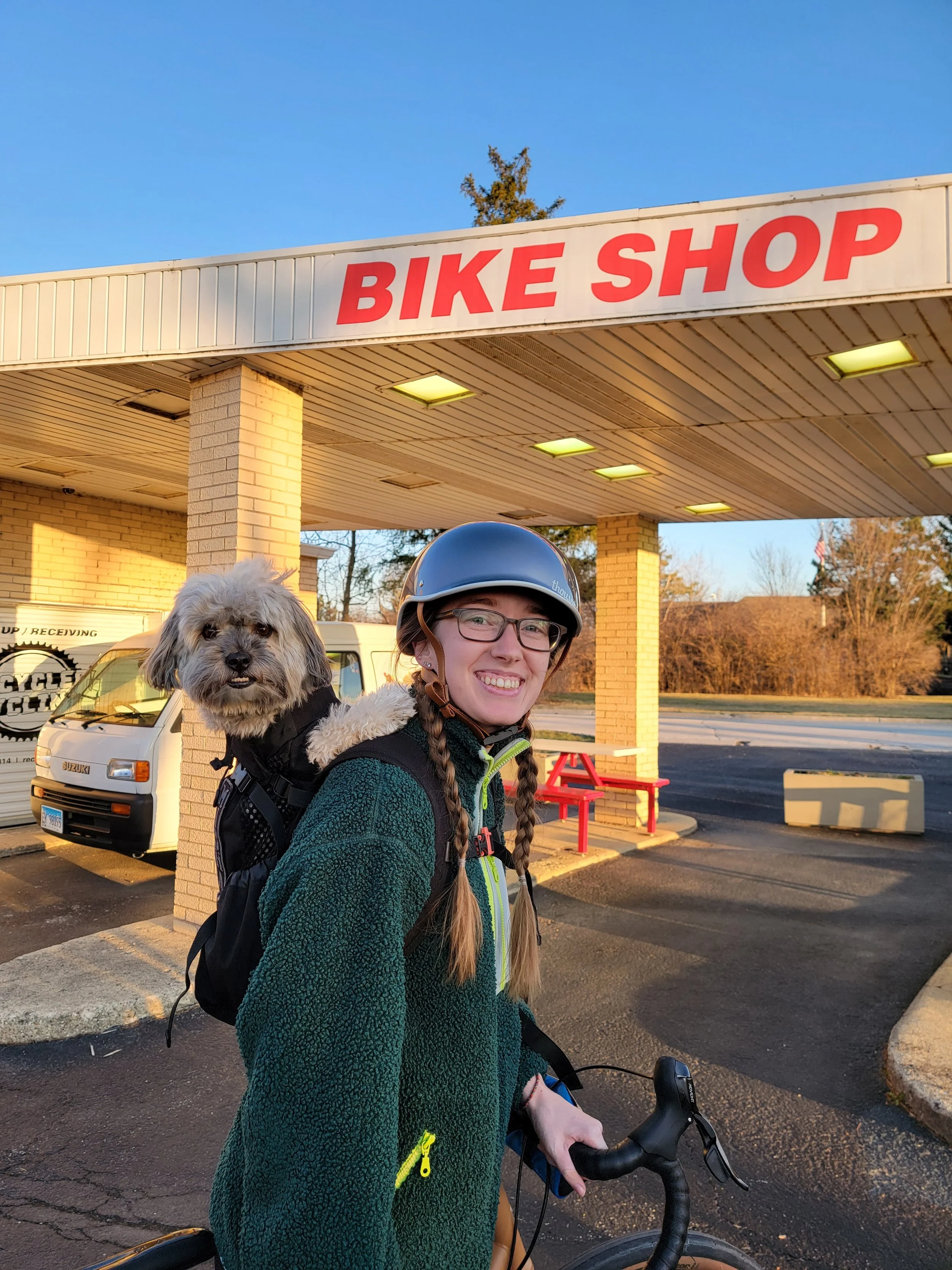 Katie, Greg and Misha out for an evening ride.