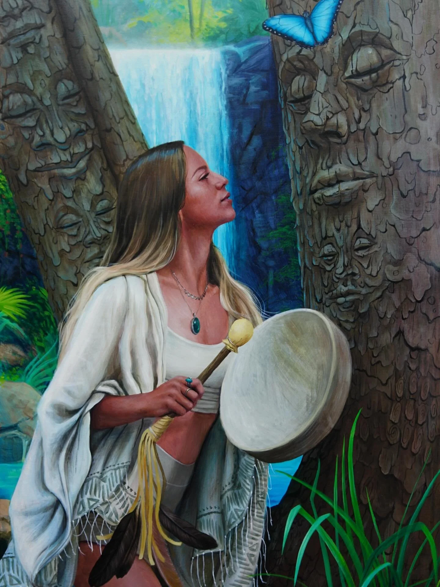 &ldquo;Singing to the Mother Tree&rdquo; 🪾
24&rdquo;x36&rdquo; acrylic on canvas 
(Cropped for Instagram proportions) 
Portrait of @kailibre with her drum 🦋