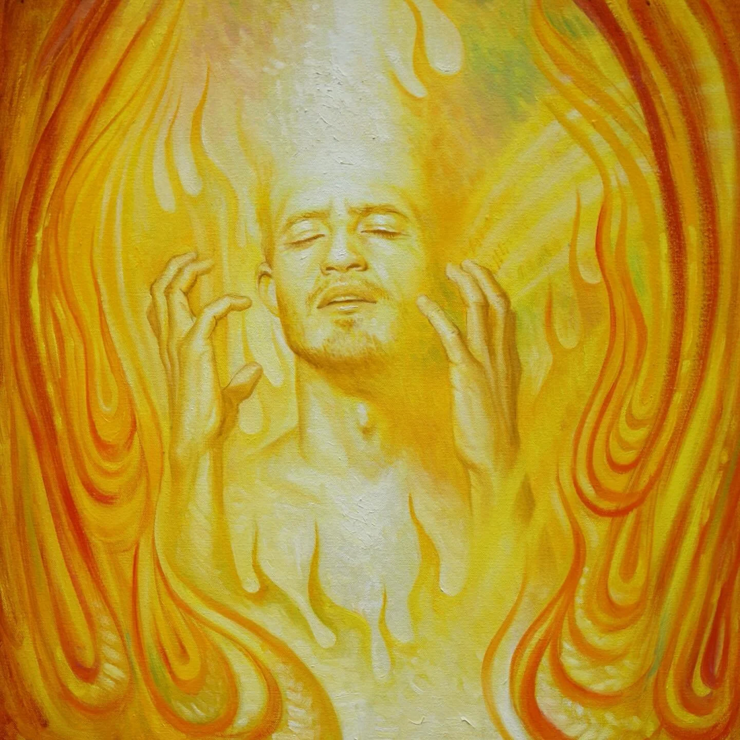 &ldquo;Burn&rdquo;
24&rdquo;x24&rdquo;
Acrylic and oil on canvas 
Portrait of @richard_895 

Depicting as best I can what&rsquo;s its felt like the past several months while my inner worlds went up in flames, and finding a grounded sense &ldquo;self&