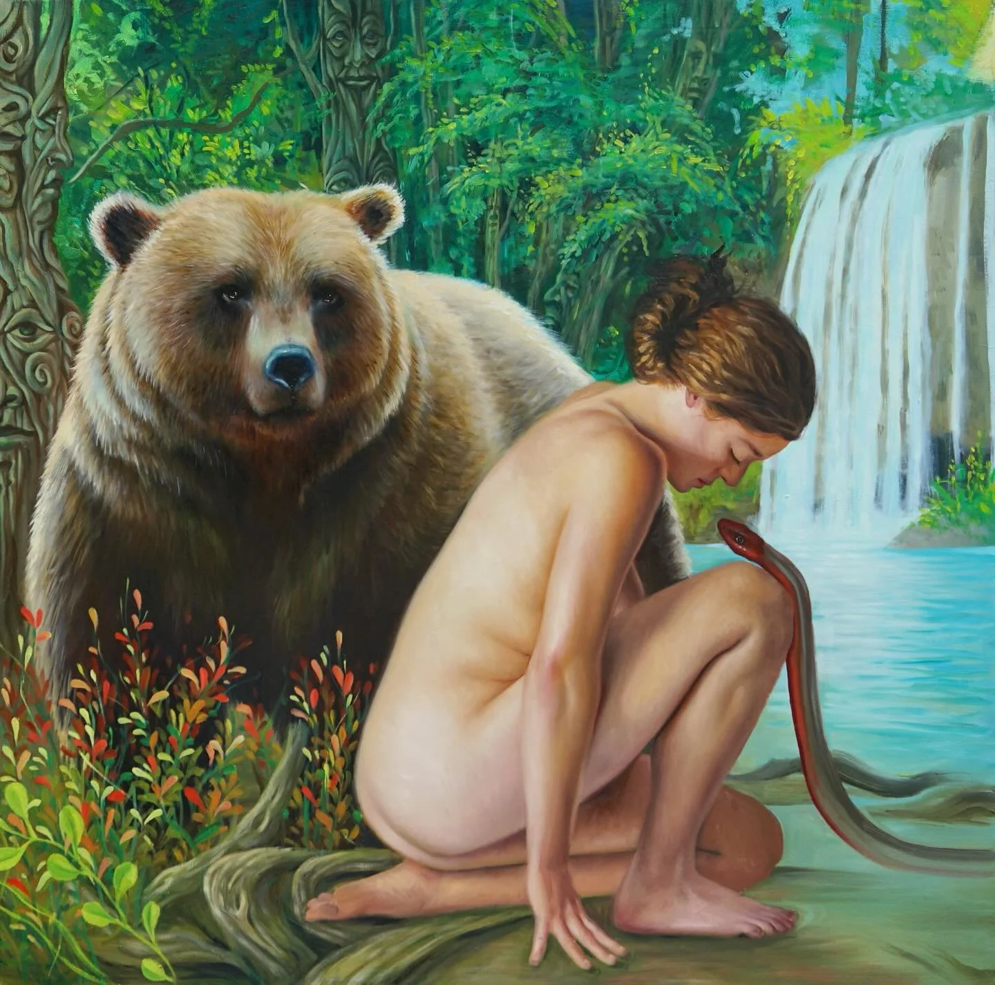 Daughter of the earth 
36&rdquo;x36&rdquo; oil on canvas 

This is a figurative #PAINTING 

This new palette of blues greens and browns has felt so soothing. I&rsquo;ve spent so long painting flesh but the territory of animals, leaves and water still