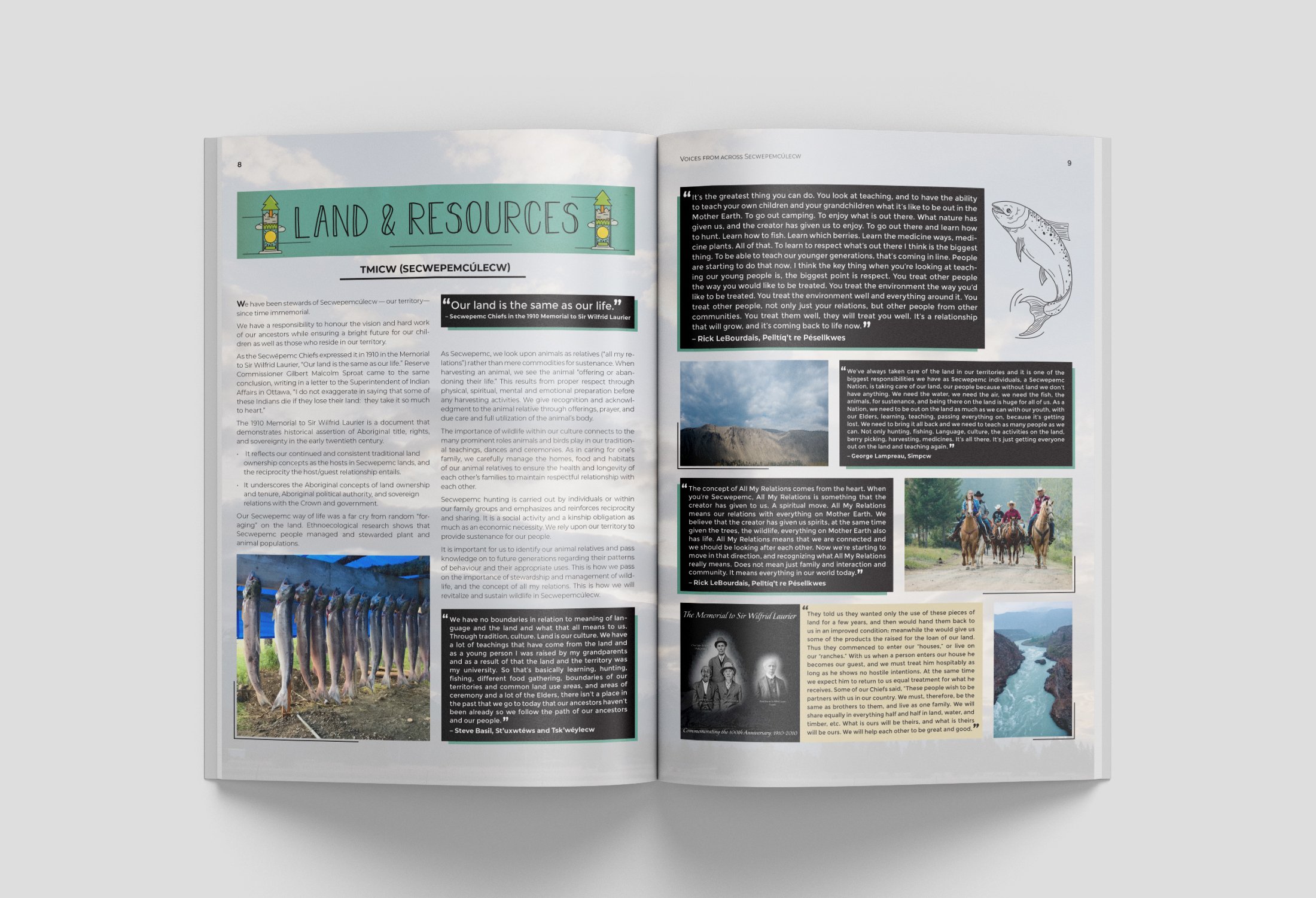 The layout of this material contained equal parts body content and quotes from Secwepmc members. I used color blocks to distinguish the quotes from the regular body copy.