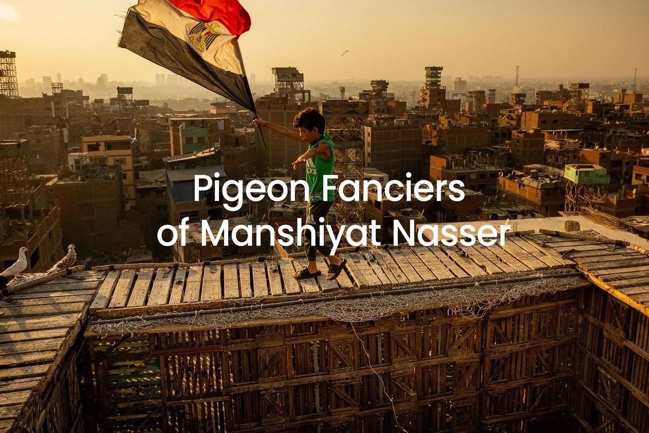 Child balancing on a wooden rooftop holding a kite with a cityscape in the background at sunset.