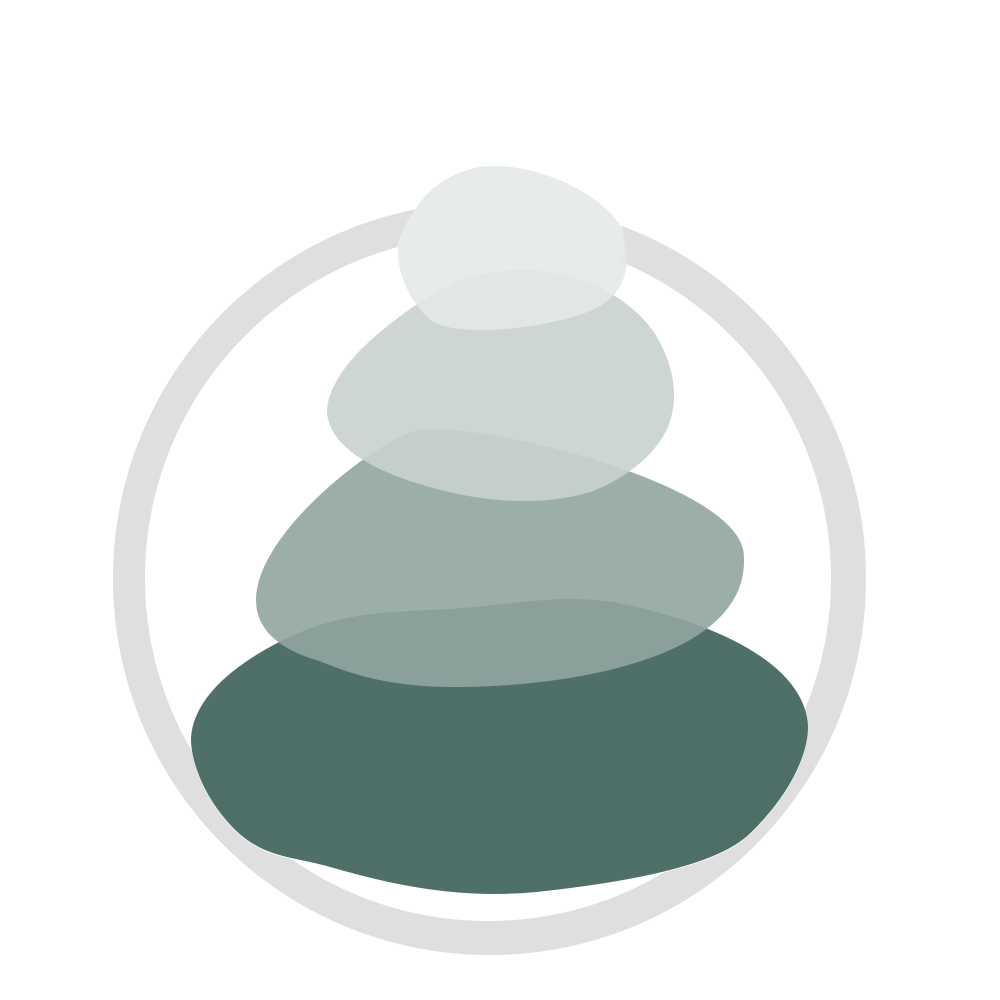 Simplified illustration of stacked stones, pink and grey, on a white circular background.