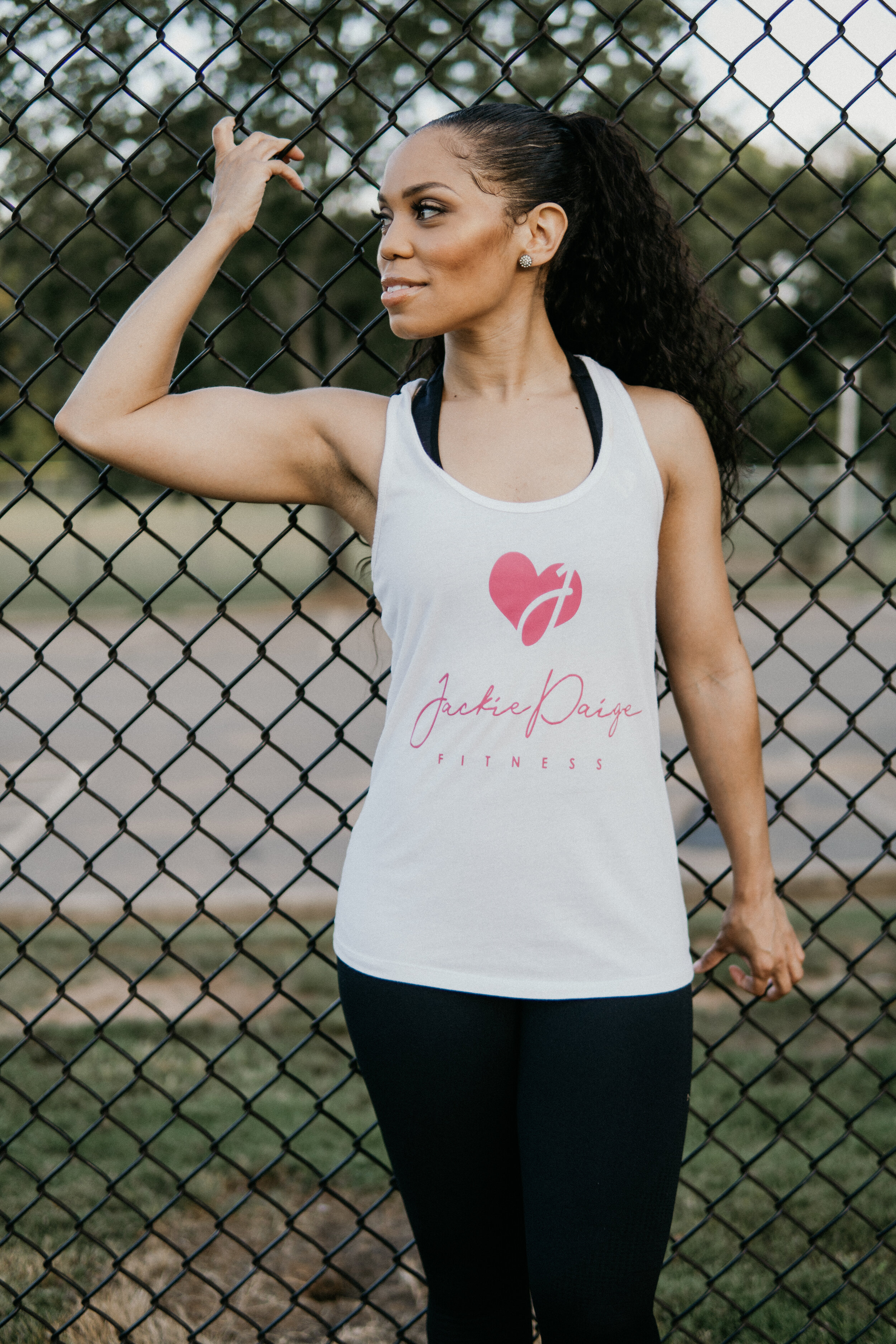 Jackie Paige Fitness White &amp; Pink Razor Back Shirt