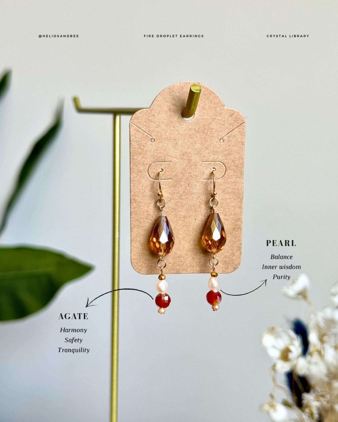 Crystal guide for the Fire Droplet earrings. A grounding, purifying charm perfect for balancing out energy thanks to a mix of agate and pearl gems on quality gold filled and plated metals.

🌟 Handmade in limited quantities
📌 Link in bio to shop

&m