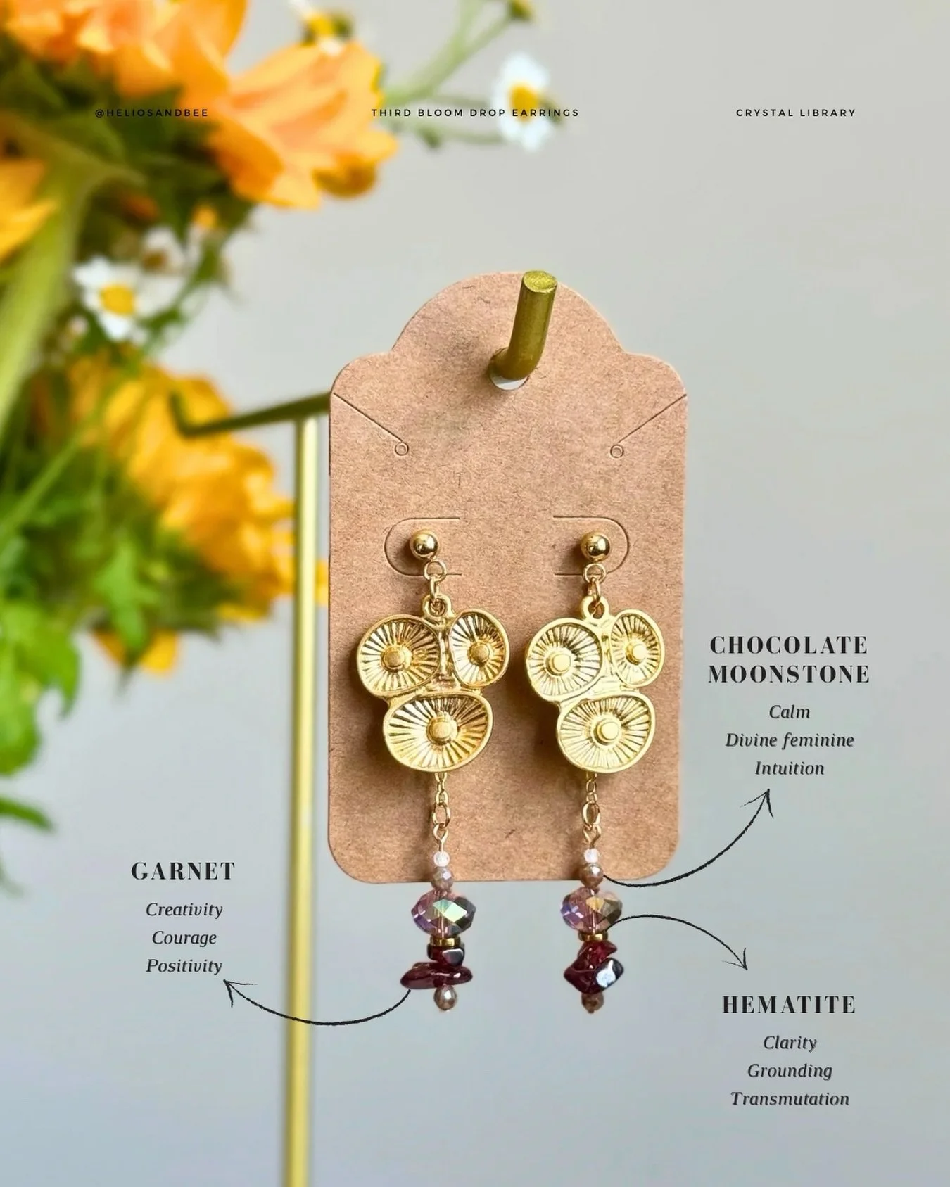 Crystal guide for the Third Bloom Drop earrings. An encouraging, positive charm perfect for engaging divine feminine energy thanks to a mix of garnet and moonstone gems on quality gold filled and plated metals.

🌟 Handmade in limited quantities
📌 L