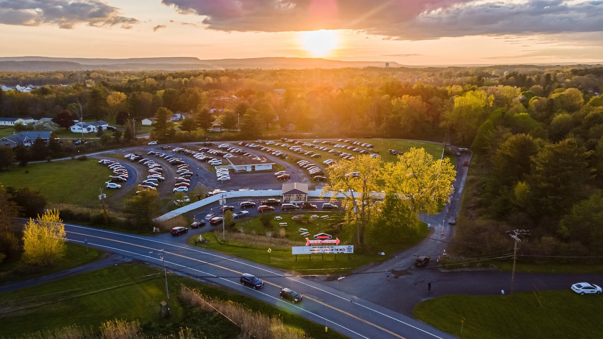 An aerial view of the Jericho Drive-In at sunset