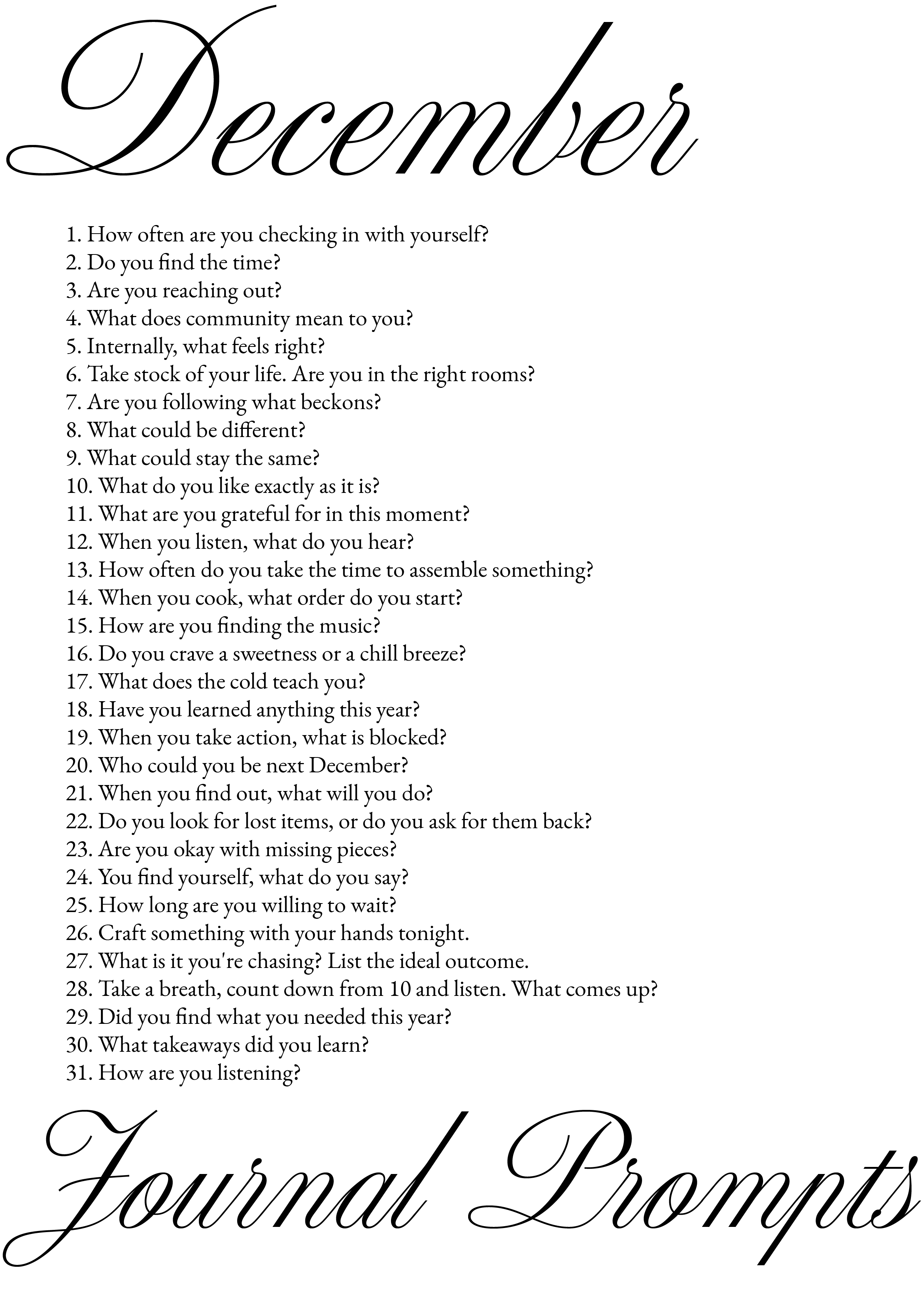 December journal prompts listed in numerical order