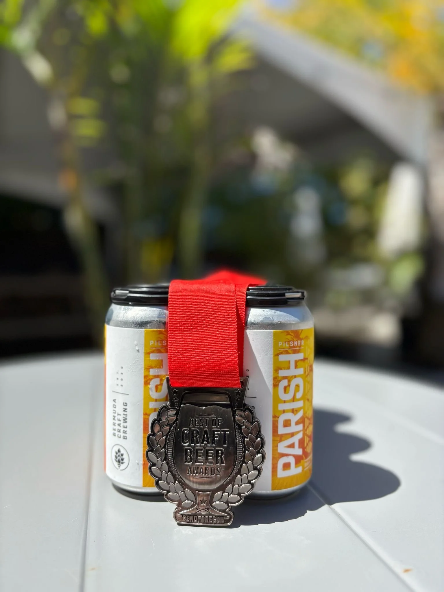 Two cans of Parish beer with a red ribbon and a silver medal award in front of the cans, outdoors with trees and blurred background.