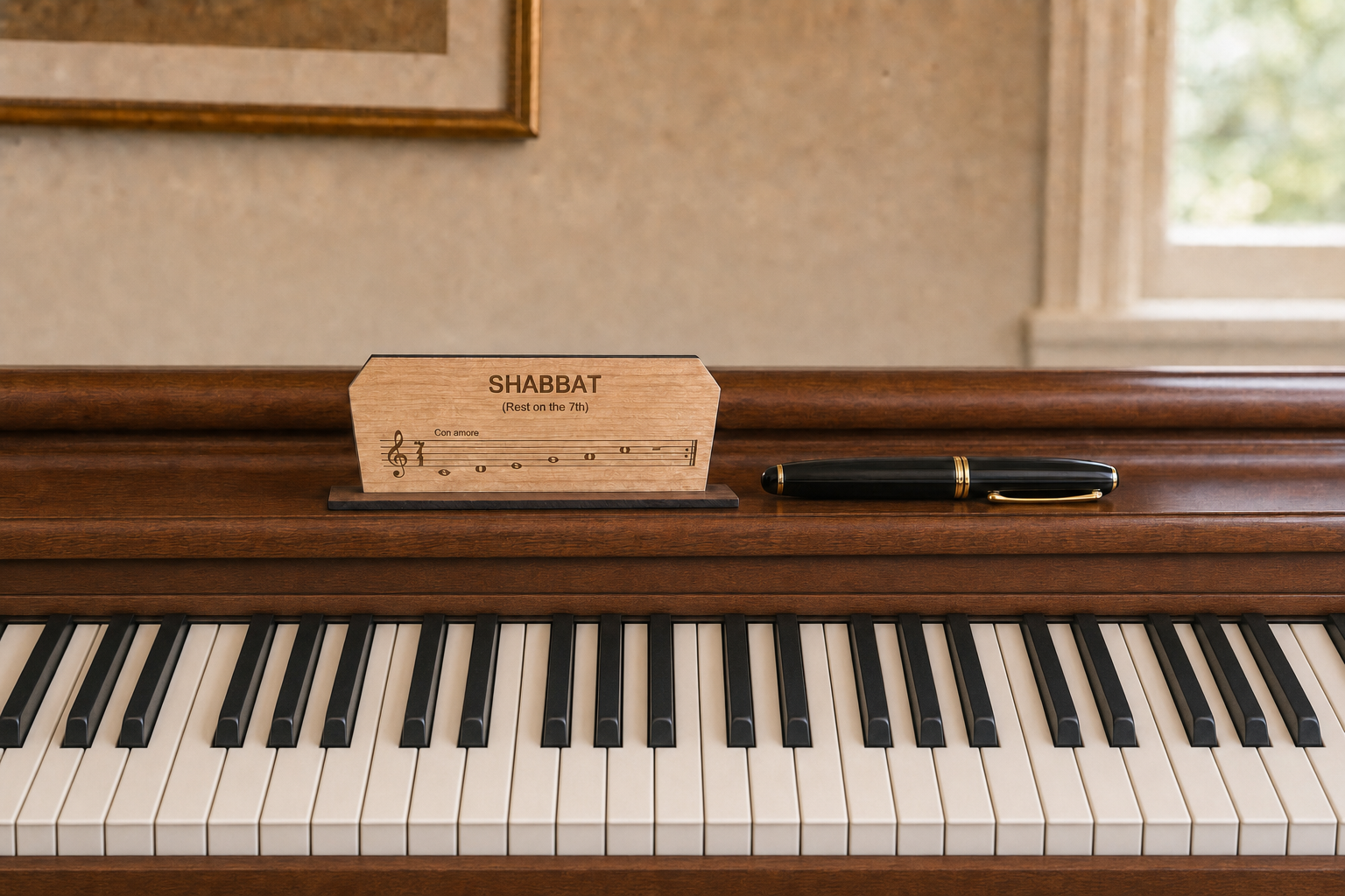 Laser Shabbat Maple and Walnut Sign on Piano.png
