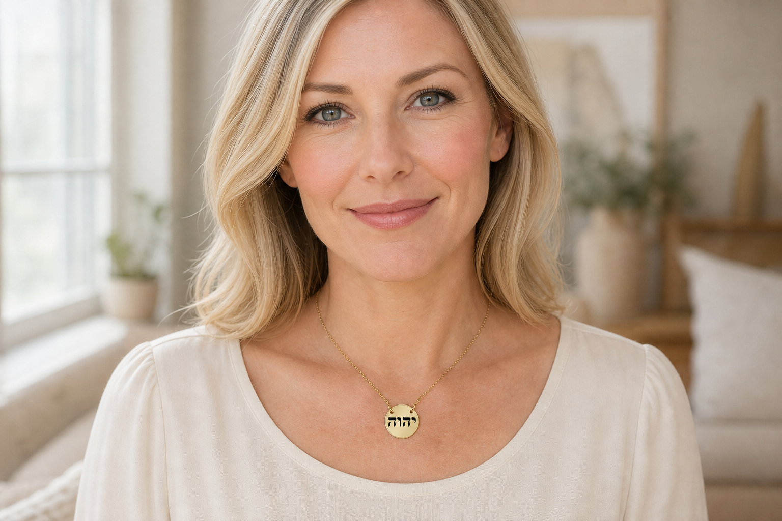 Hebrew YHWH Gold Necklace on Woman.png