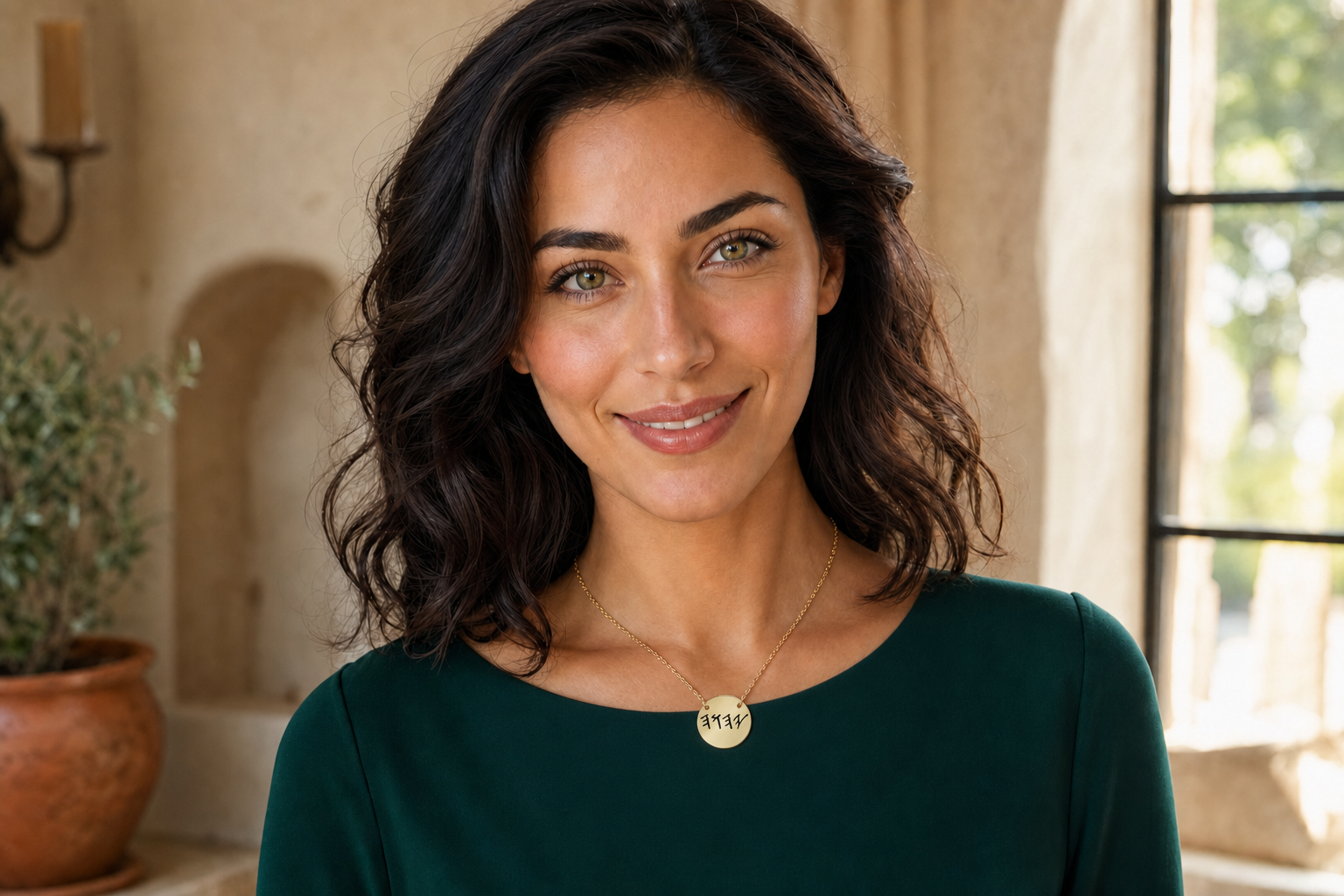 Paleo Hebrew YHWH Gold Necklace on Woman.png