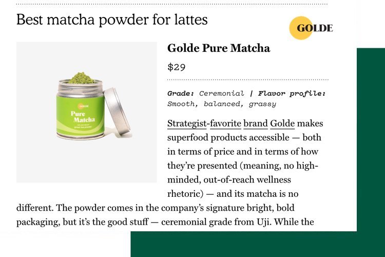 Golde featured in New York Magazine's "11 Best Matcha Powders 2023"!