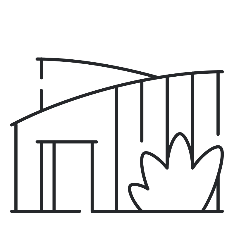 Line drawing of a house with a porch, multiple windows, and a large tree in front.