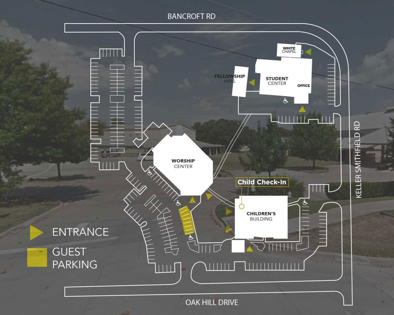 Map of a church complex showing parking lots, main buildings labeled Worship Center, Children's Building, Fellowship Hall, Student Center, and White Chapel, with entrances, child check-in location, and accessible parking.