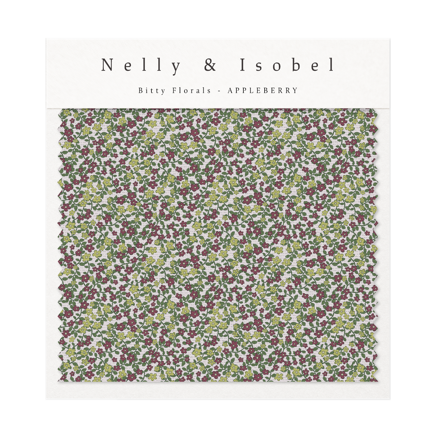 Floral fabric swatch with small red and green flowers, labeled 'Nelly & Isobel Bitty Florals - APPLEBERRY.' Fabric design by Nelly and Isobel.