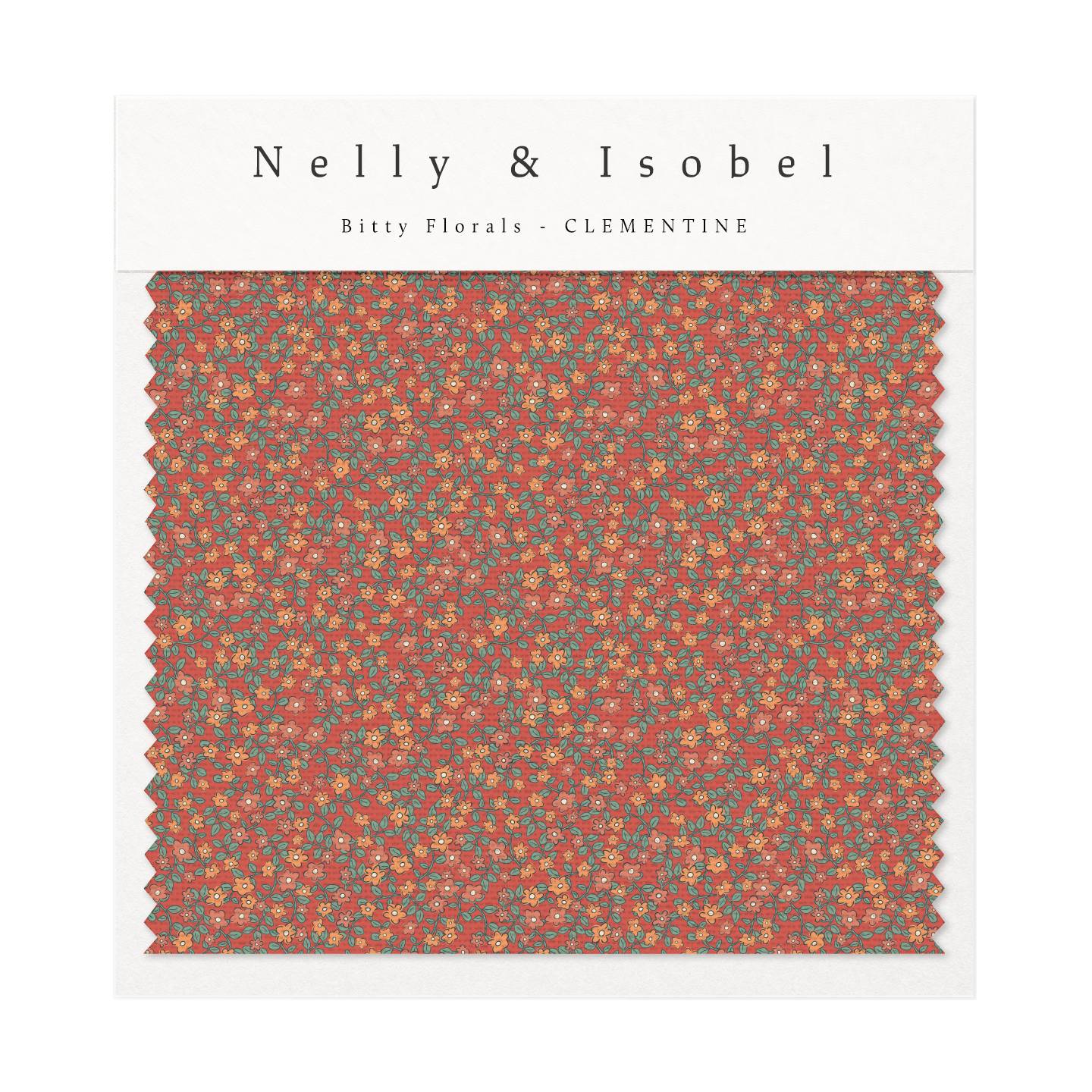 Floral fabric sample labeled 'Nelly & Isobel Bitty Florals Clementine,' featuring a dense pattern of small orange flowers on a red background.