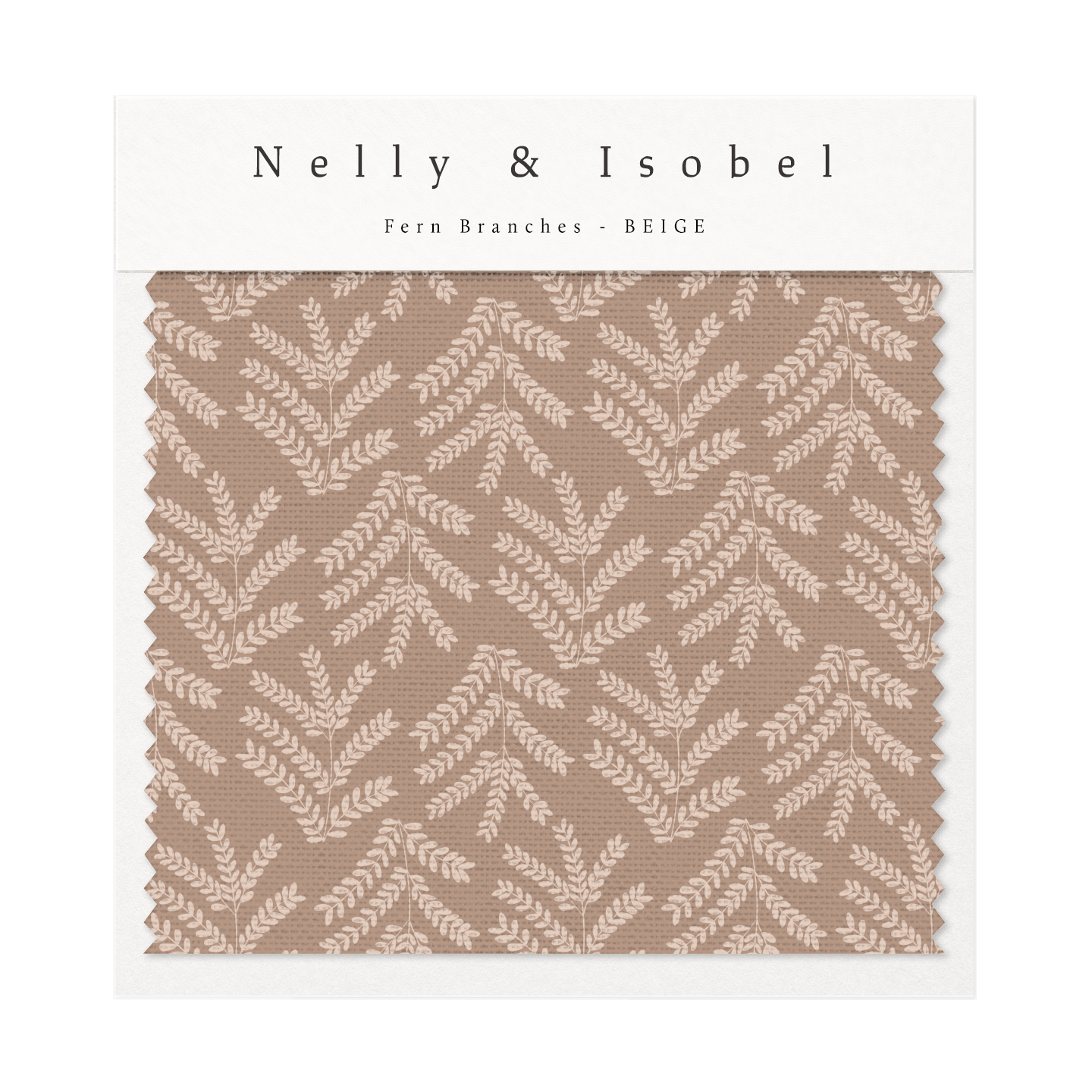 Fabric sample of a Nelly and Isobel design with beige fern branch pattern in neutral tones.