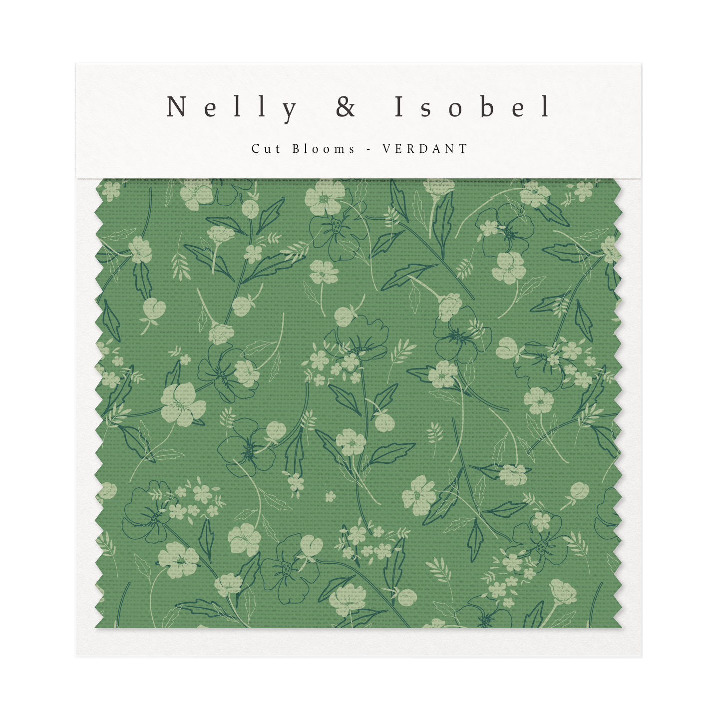 Green floral fabric sample labeled 'Nelly & Isobel Cut Blooms - VERDANT' with delicate plant patterns.