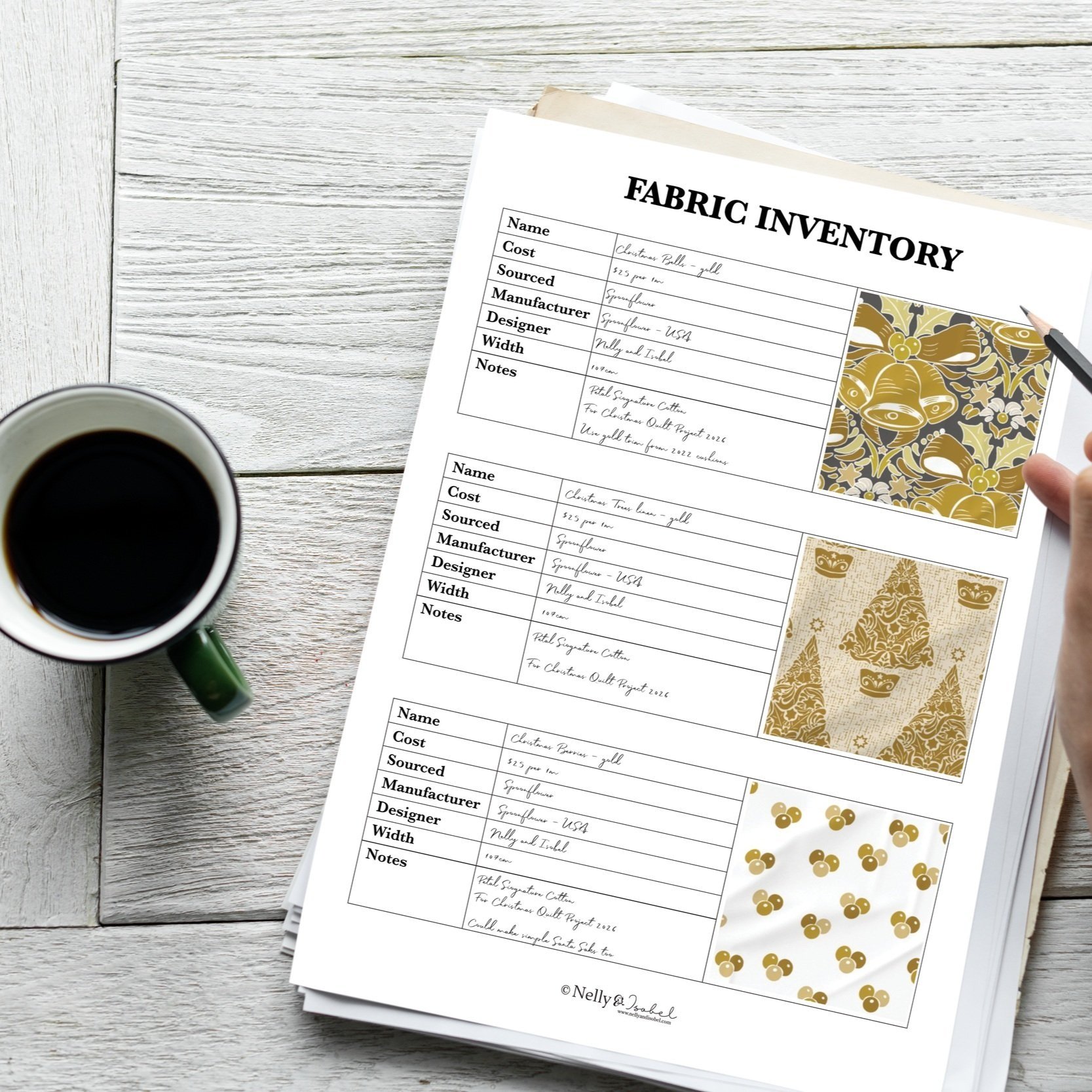 A printed copy of the Nelly and Isobel fabric inventory sheet with descriptions and samples of Christmas-themed fabric patterns, placed on a white wooden table with a cup of black coffee nearby.