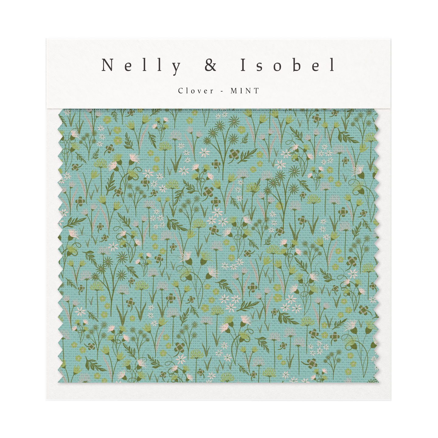 Fabric sample with green floral pattern on a mint background labeled "Nelly & Isobel Clover - M1NT."