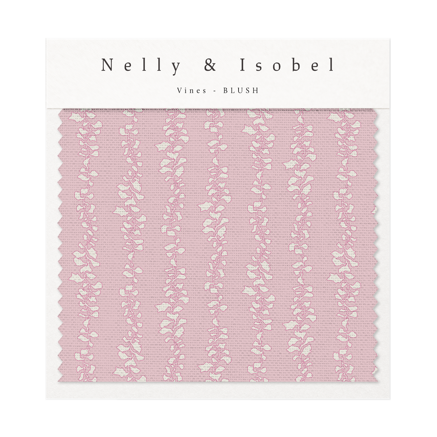 Pink fabric swatch with floral vine pattern labeled 'Nelly & Isobel Vines - Blush'.