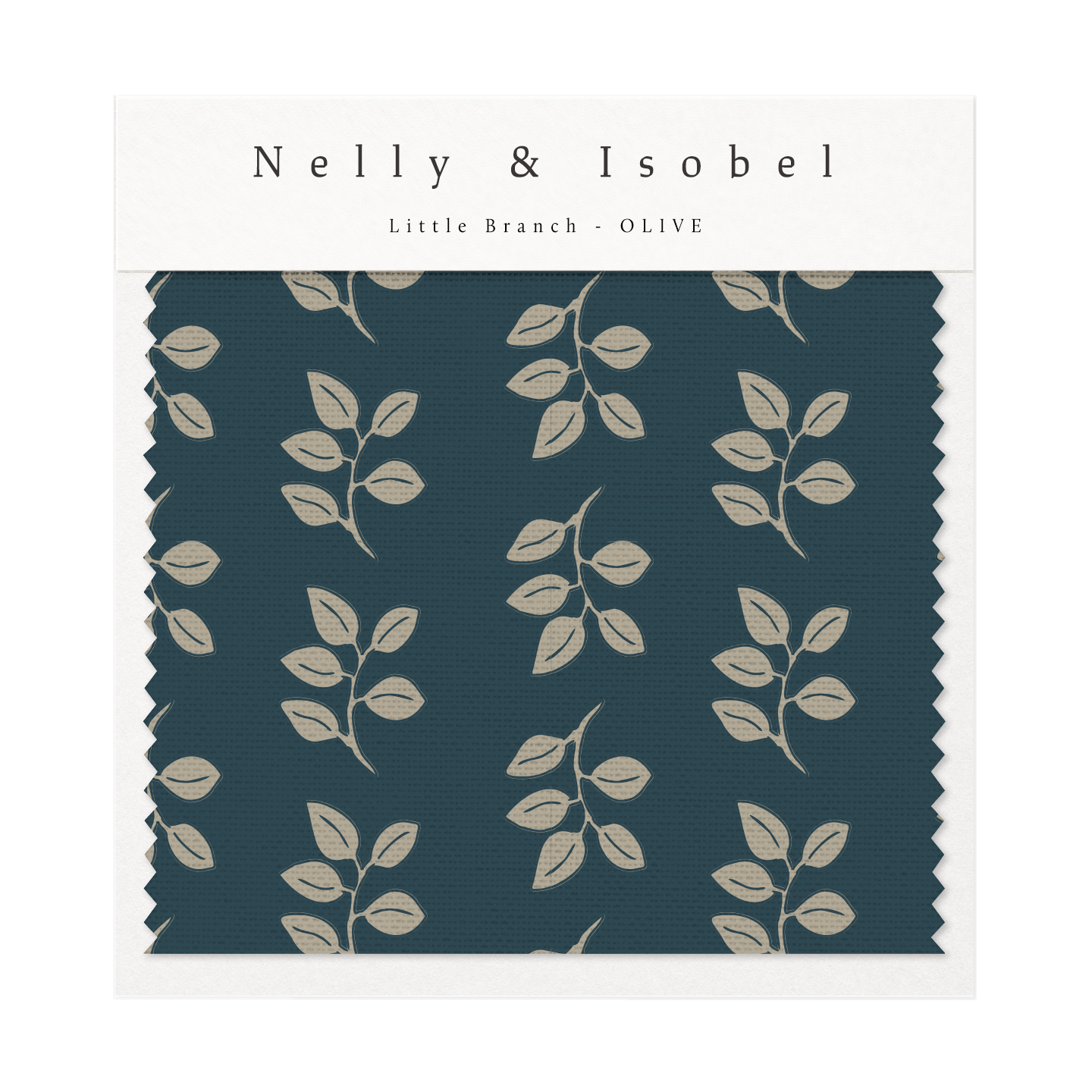 Fabric swatch with olive branch pattern on dark teal background.