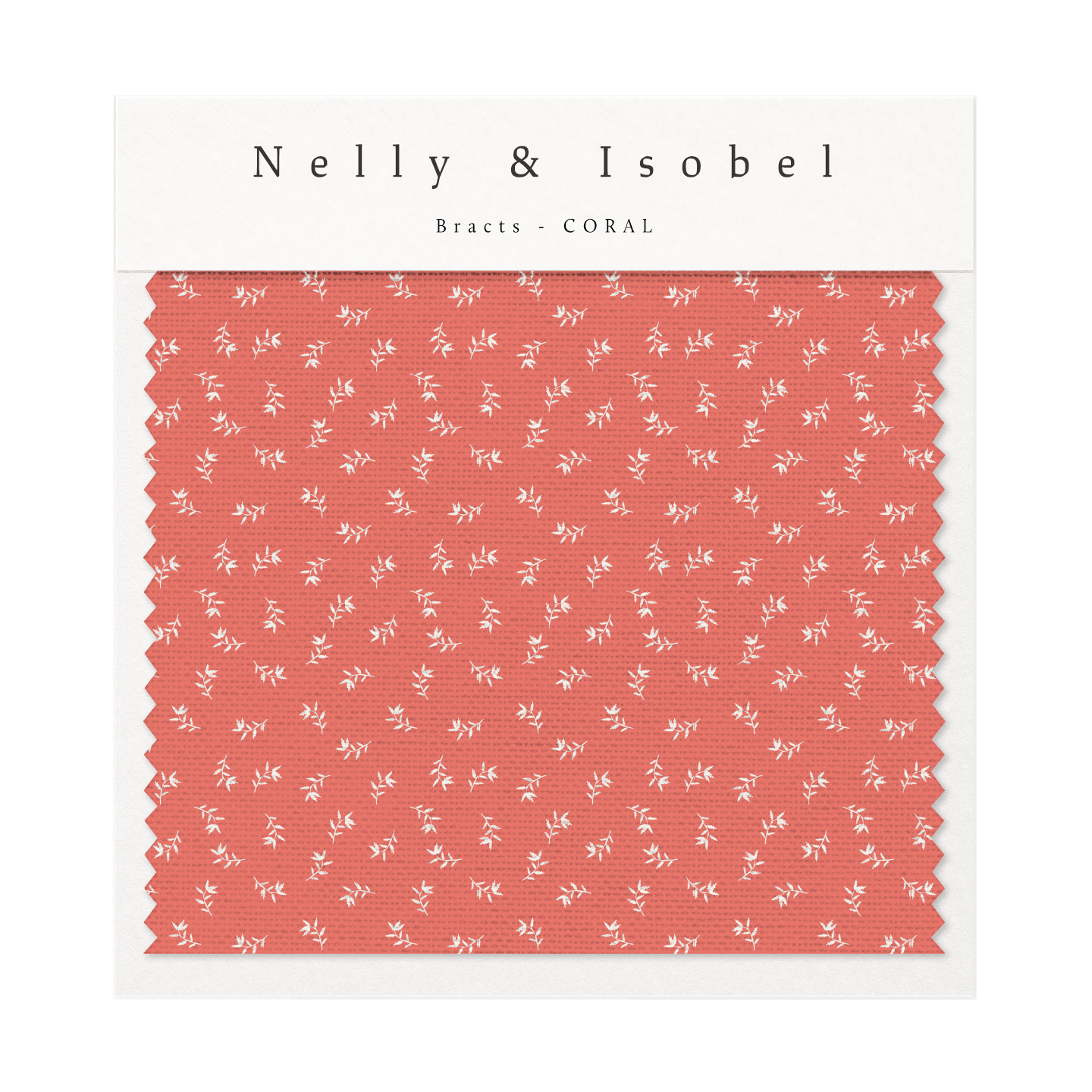 Coral fabric swatch with small white leaf pattern from Nelly & Isobel, labeled 'Bracts - Coral.'