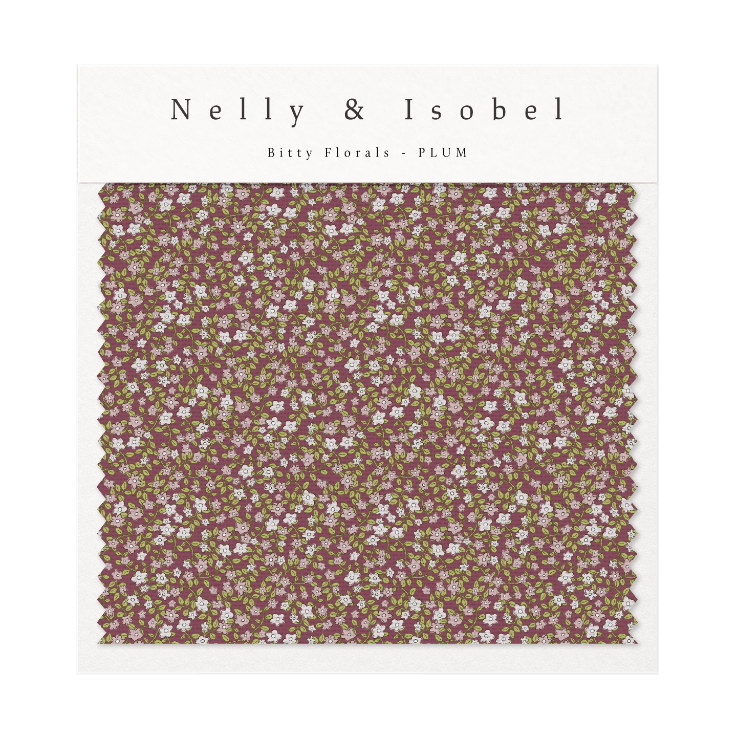 Fabric sample labeled "Nelly & Isobel, Bitty Florals - Plum" with a small floral pattern on a plum background.