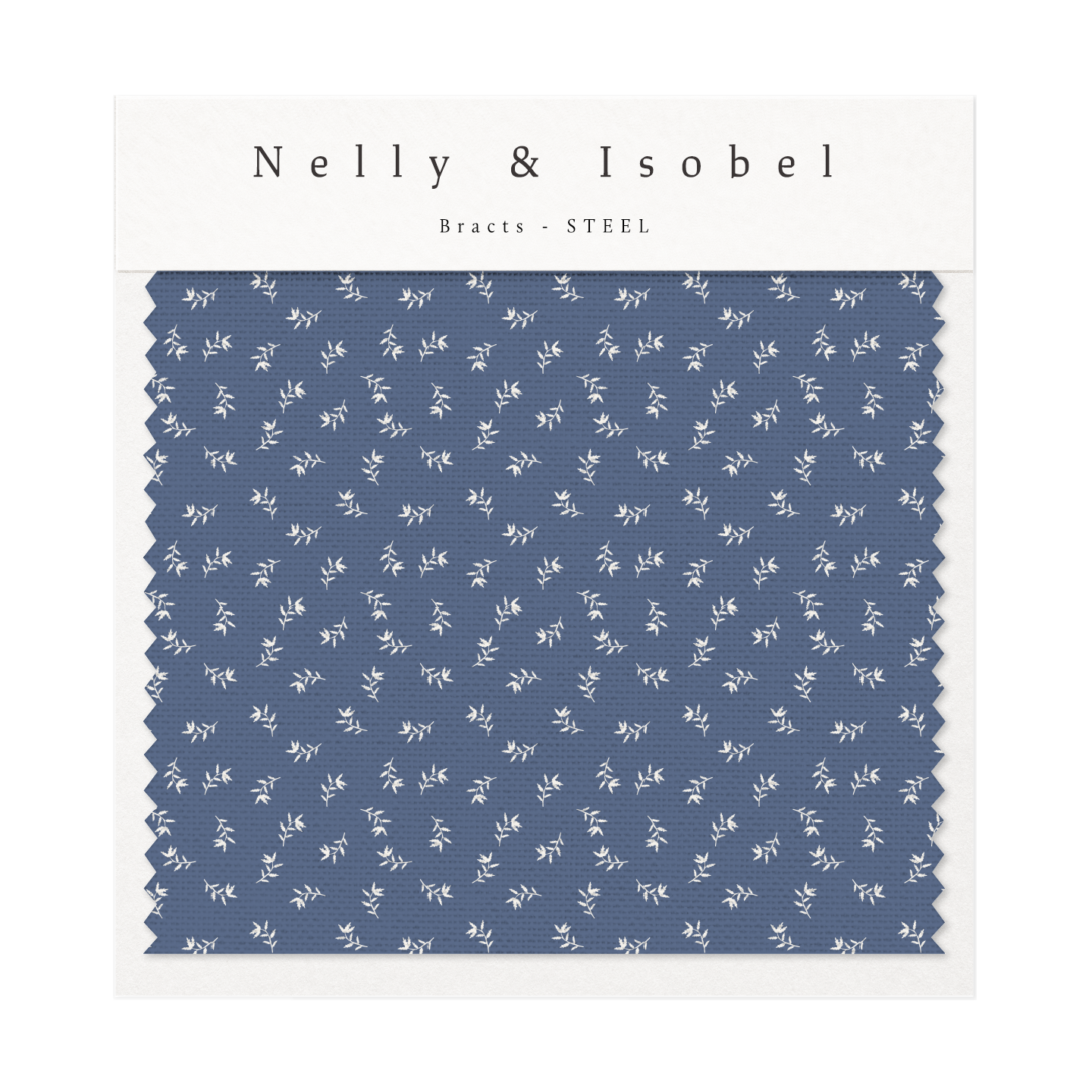 Fabric swatch with navy background and small white floral pattern, labeled as 'Nelly & Isobel Bracts - STEEL'.
