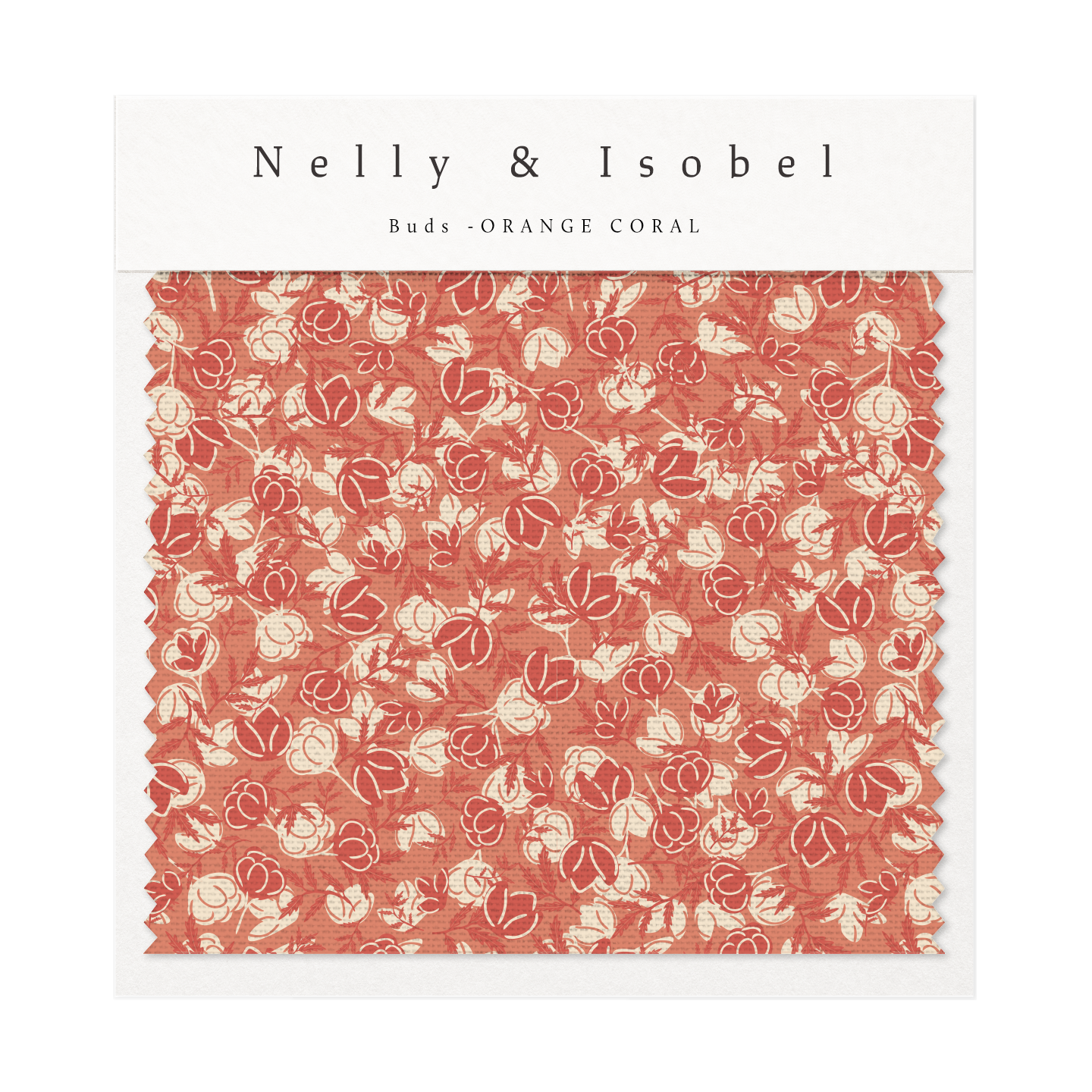 Fabric swatch with floral pattern in orange coral color, labeled "Nelly & Isobel Buds - ORANGE CORAL."