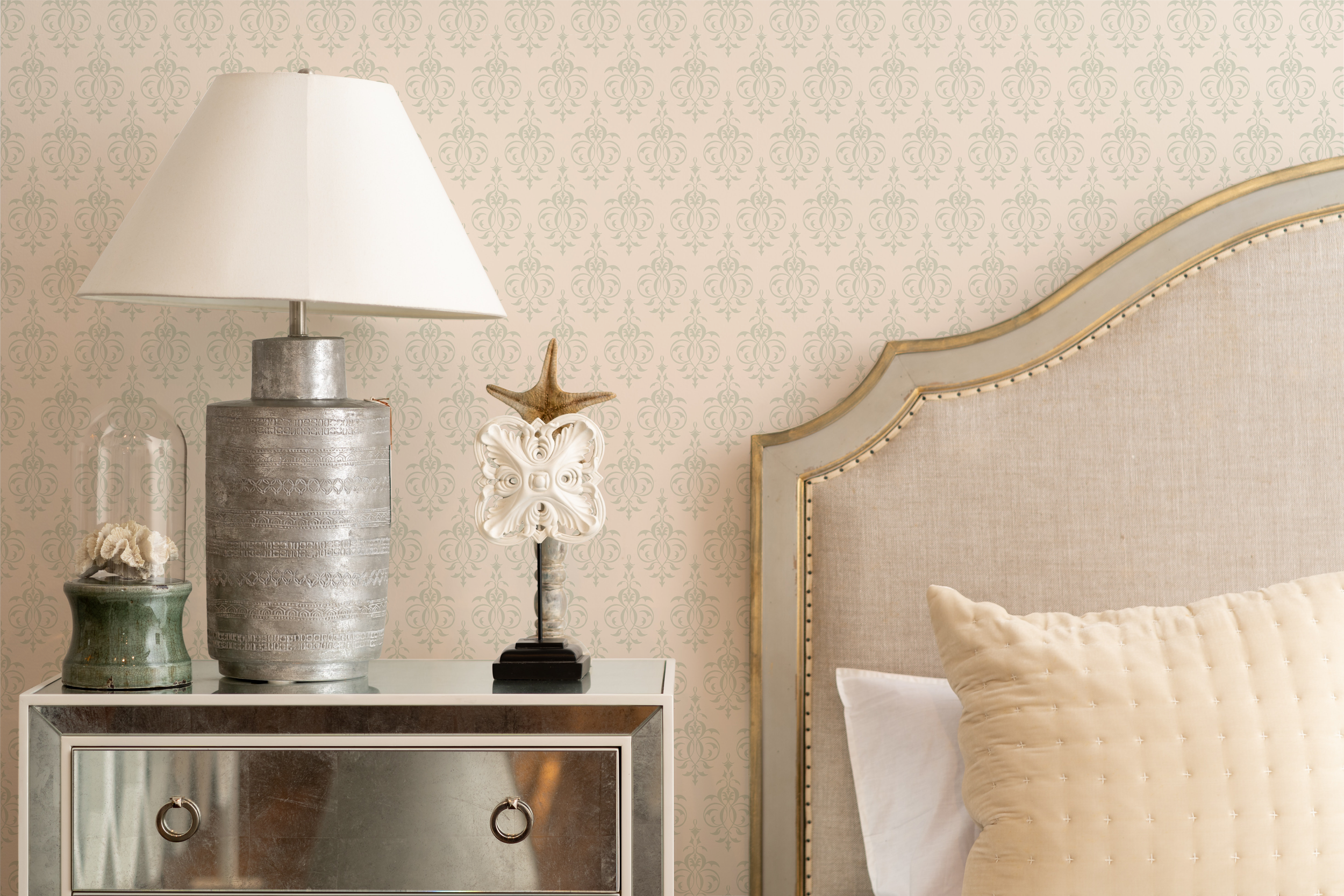 Soft damask-style wallpaper in neutral tones, designed as a timeless surface pattern for calm, lived-in interiors.