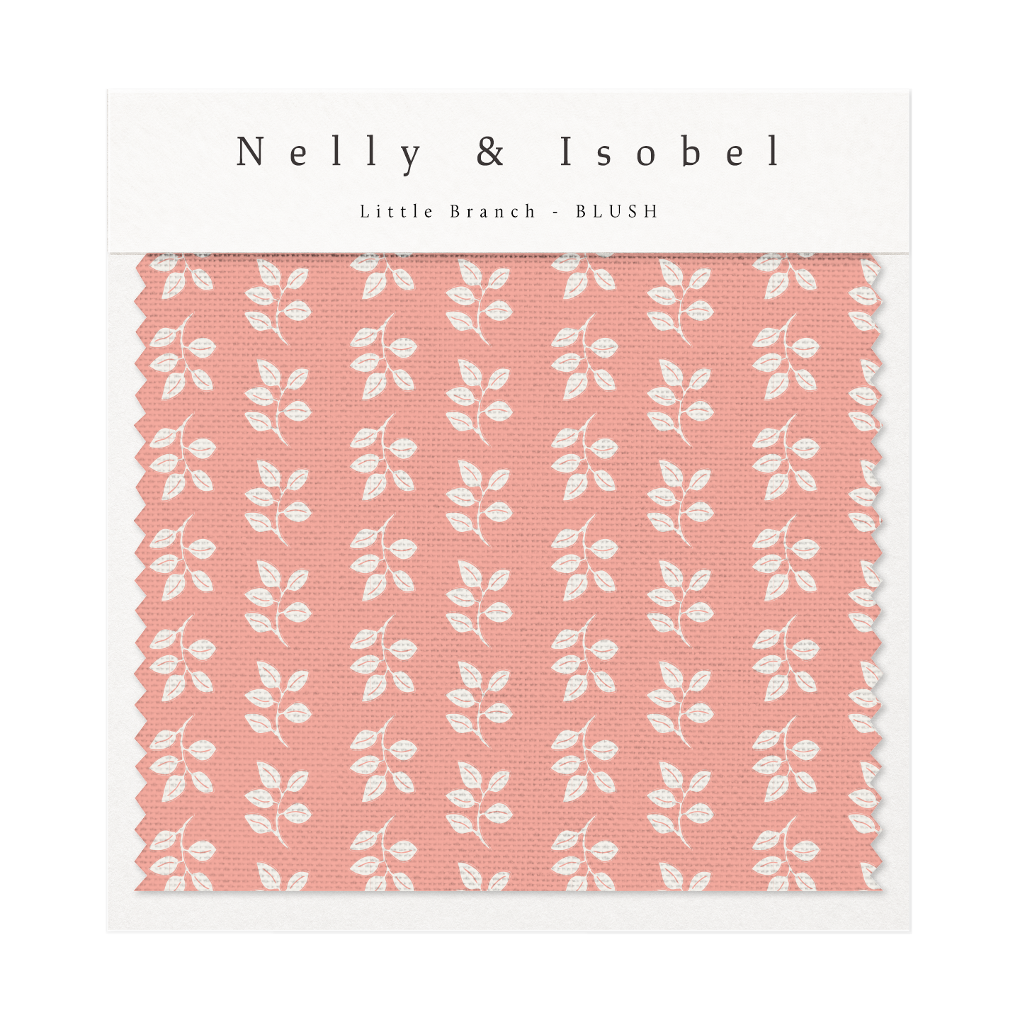 Swatch of blush pink fabric with white leaf pattern from Nelly & Isobel.