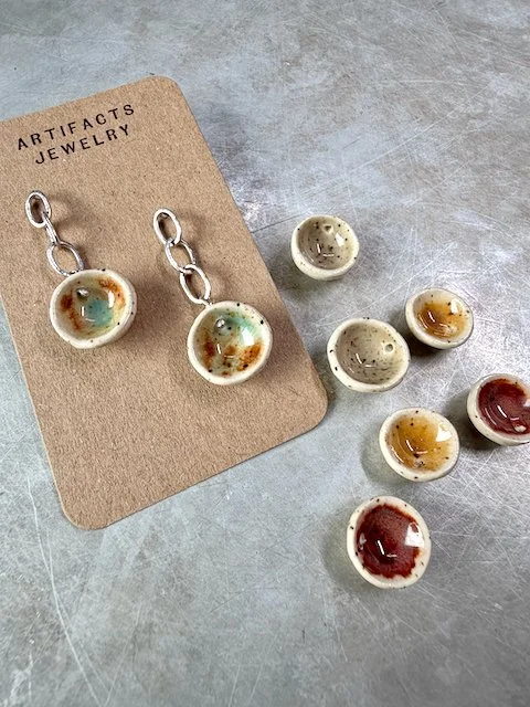 Pinch pot earrings with hand-fabricated chain