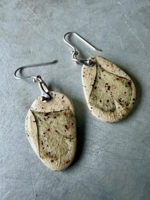 Sterling and carved ceramic earrings with impressed leaf prints