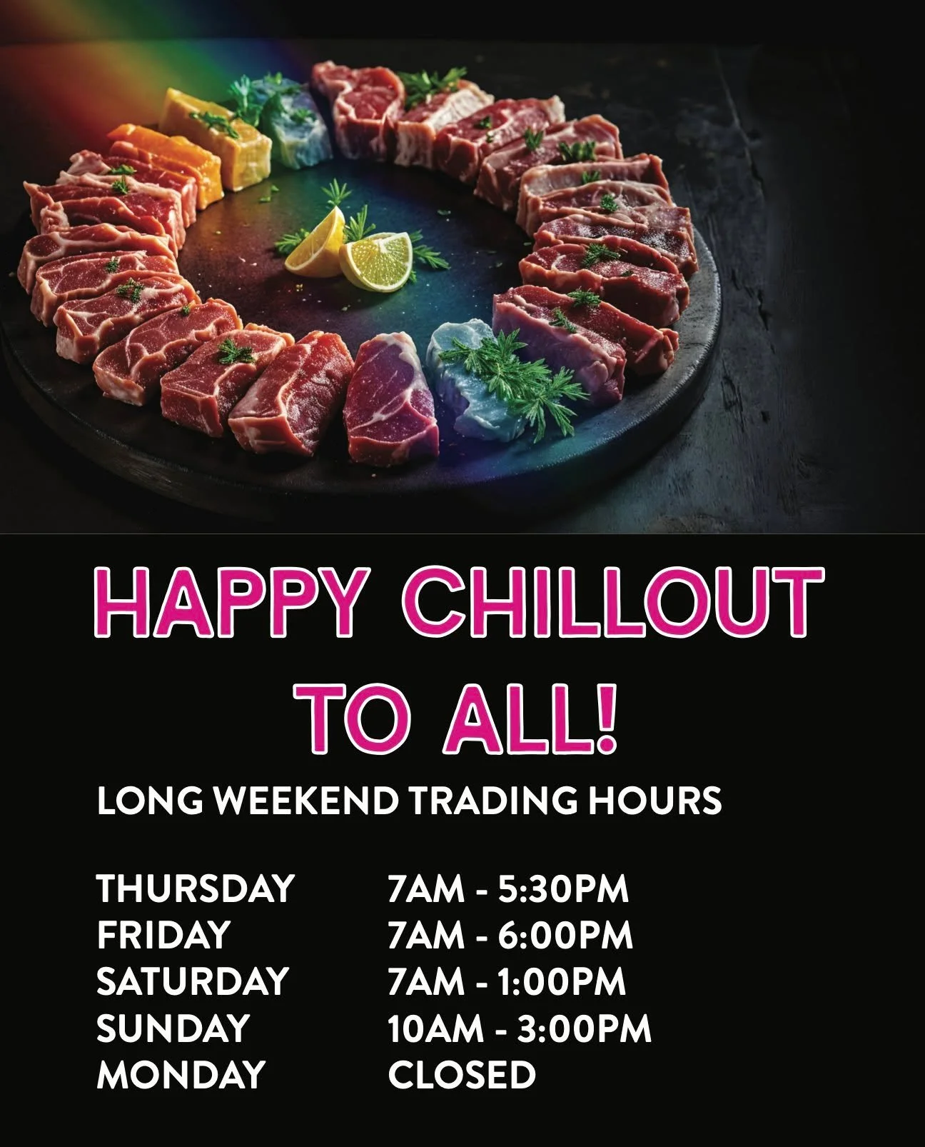Happy ChillOut everyone! 🌈

Wishing all locals and visitors a safe and fabulous festival weekend.

If you&rsquo;re in town and need to refuel, we&rsquo;re open:

Friday &mdash; until 6pm
Saturday &mdash; 7am&ndash;1pm
Sunday &mdash; 10am&ndash;3pm

