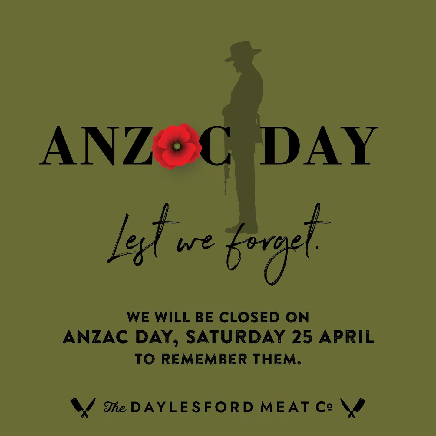 Saturdays are one of our busiest days so giving everyone loads of notice that we will be closed on Anzac Day which falls on a Saturday this year. 
Lest we forget. 

#anzacday #lestweforget #tradinghours