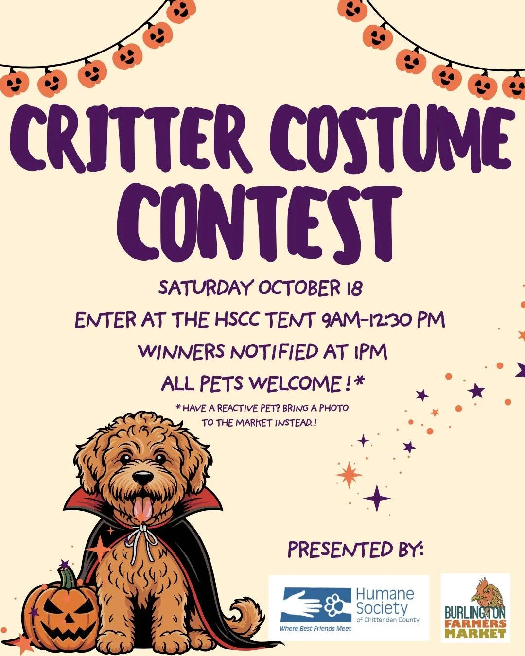 Our critter costume contest is almost here! 

Here's a recap of how the contest will run: 

🎃 Entries will be accepted from 9am&ndash;12:30pm at the HSCC tent and the winners notified by 1pm.
 🎃 ALL animals are welcome! Got a shy or reactive pet? Y
