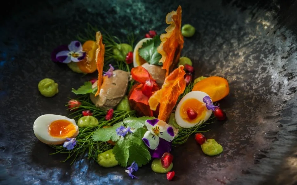 A beautiful starter, using vegetables from the garden, local quail eggs and edible flowers.