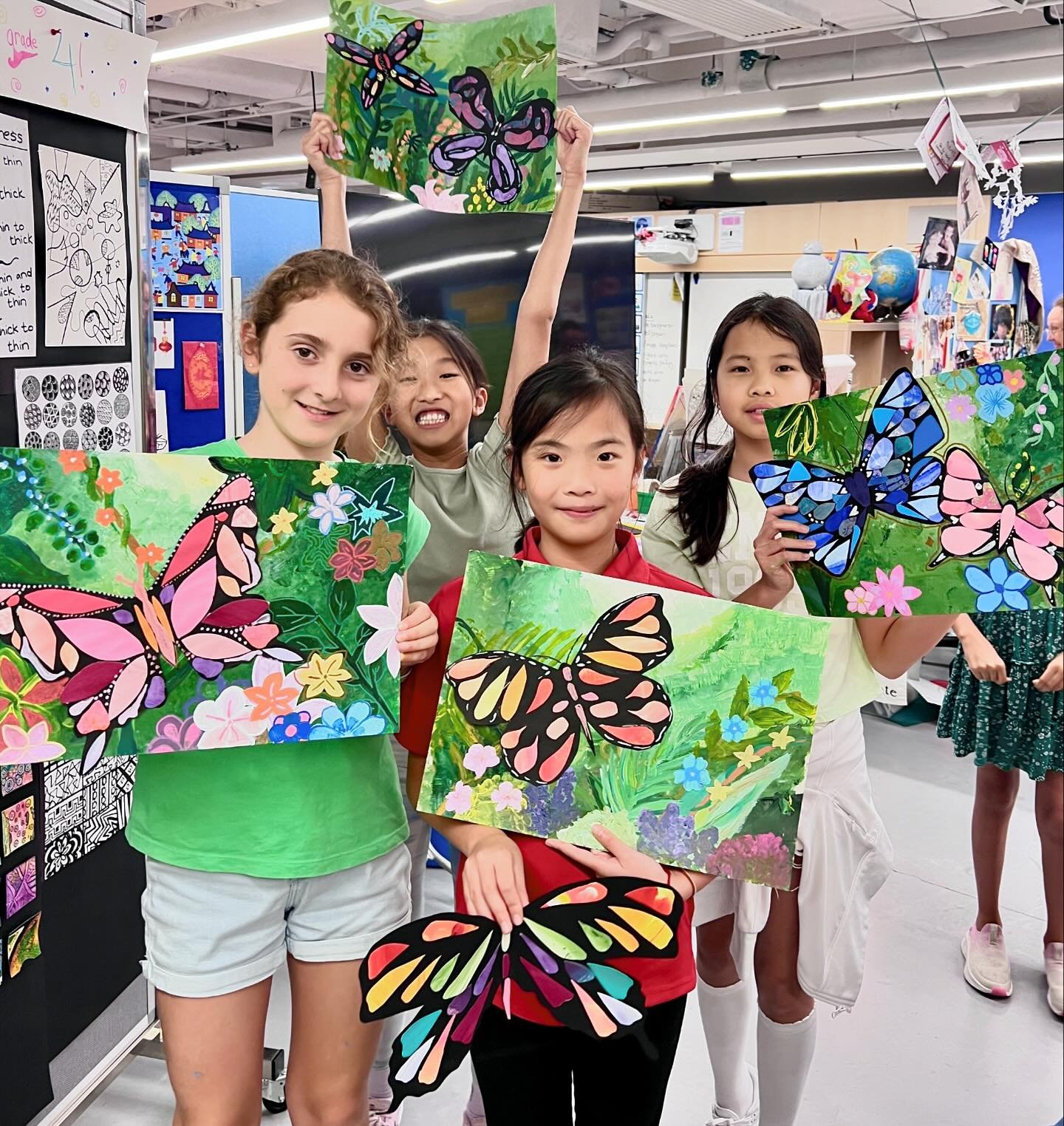 Butterfly gardens completed! Mixed Media artworks combining Acrylic painting, paper collage work and Posca pen detailing b the HKIS primary children look amazing and they are so proud of them! Thanks for starting us off @ms_kirks_artroom with our lit