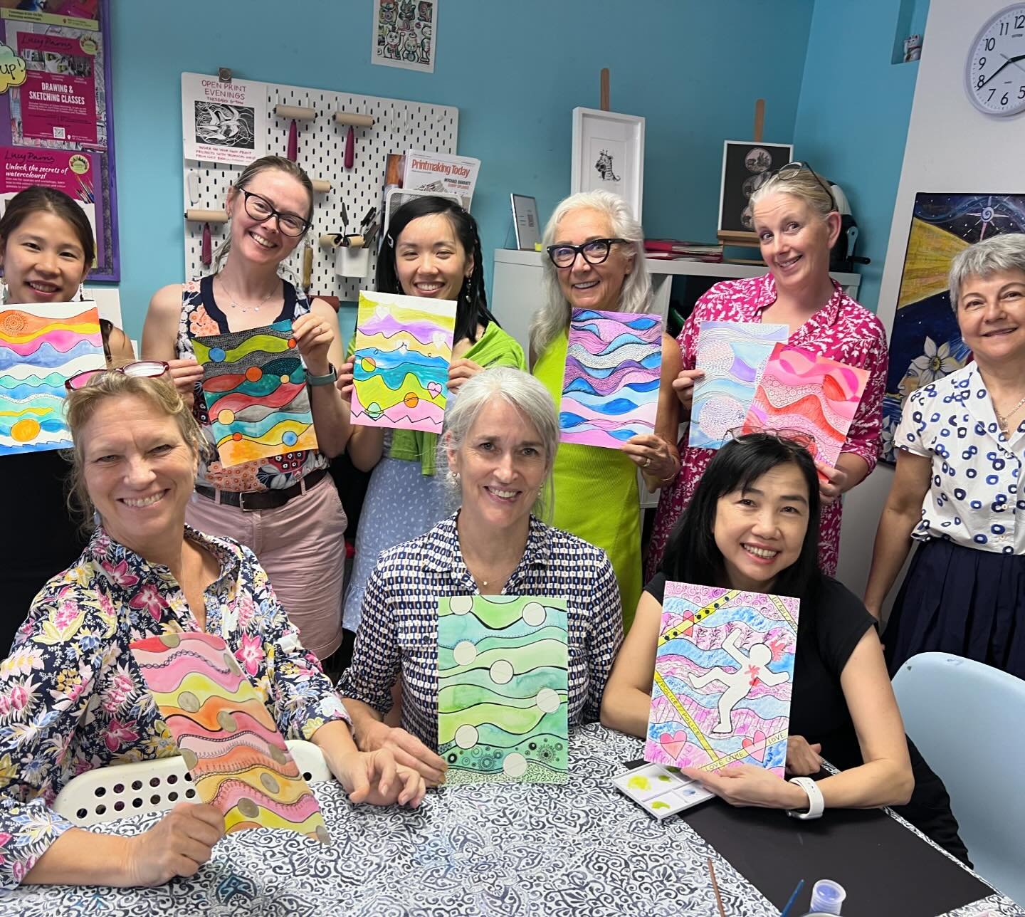 Welcome to our Magic Carpet Doodle class ! Playing with watercolours and horizontal designs, 10 Happy Doodlers shared tea and chatter as they made art on Wednesday. I provide the structure of the session and as you see people take that and develop th