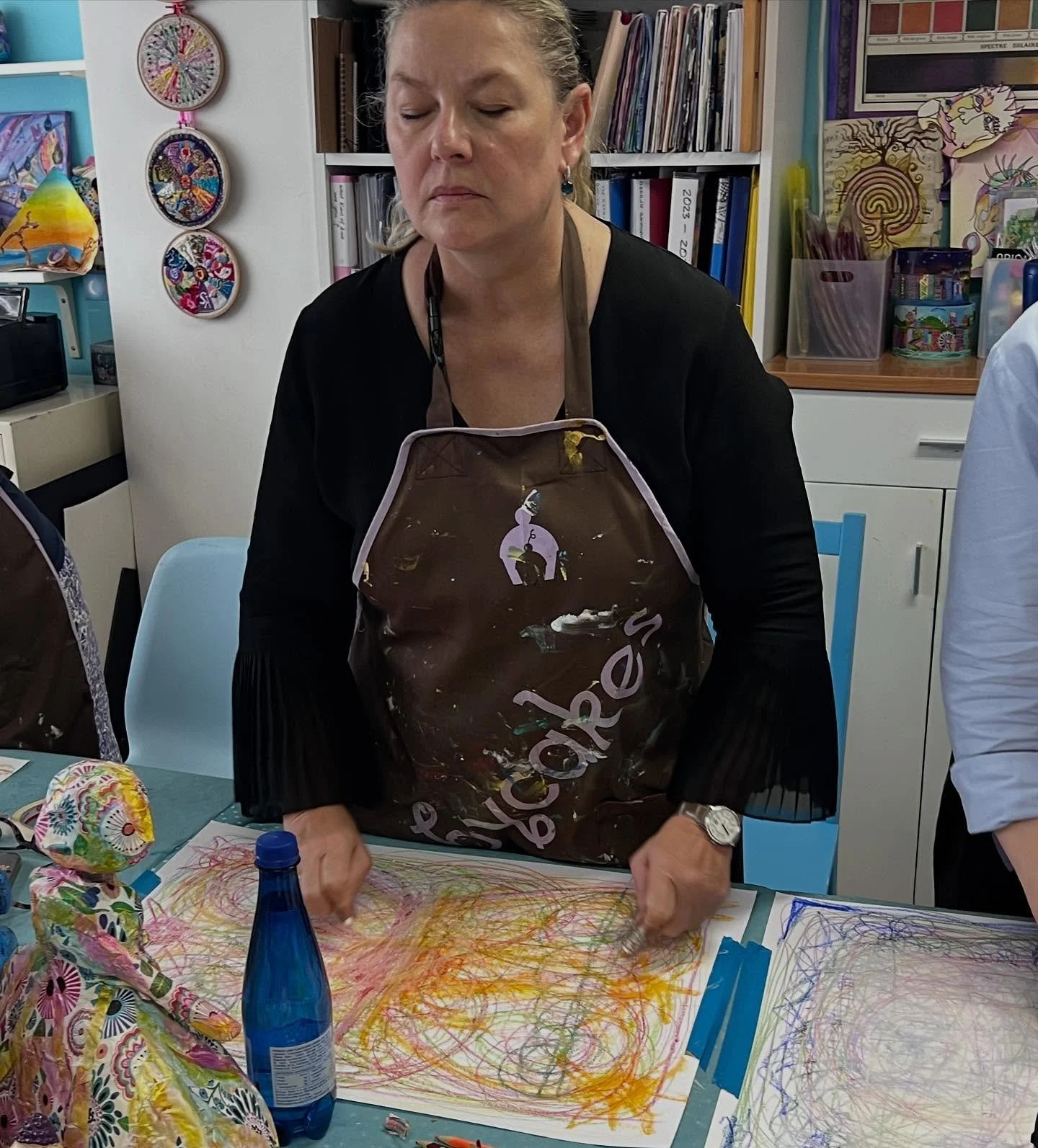 A beautiful room full of artmakers with their  eyes closed yesterday as the Lunchtime Destress Doodlers surrendered to the sensory journey of Bilateral drawing. ( also known as Sensori Motor  Art Therapy as pioneered by Cornelia Elbrecht)  This allow