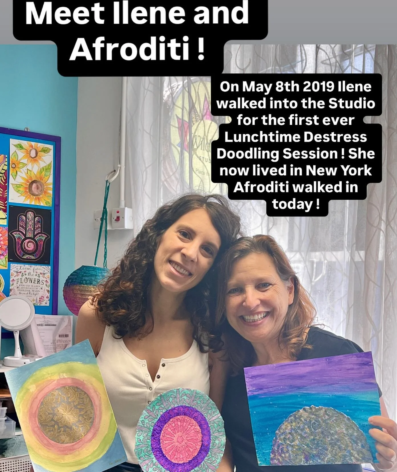 First and Last 🩷❤️

The wonderful Ilene Levy arrived at the Wild at Art Studio on May 8th 2019, it was the first ever Lunchtime Destress Doodling Session. 
Accompanied by dear Kendal Richardson,  little did I know it would be first of approximately 