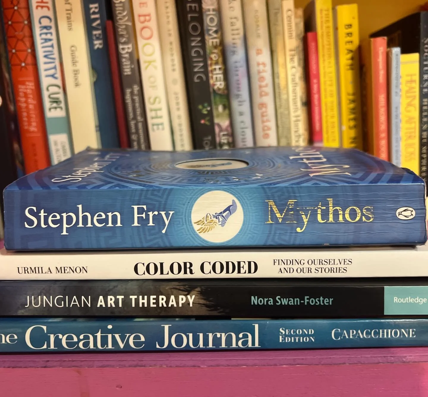 I love my bookshelves! And all that awaits within snuggled beside some solid old favourites! My non fiction pile this month! Including Colour Coded by local writer Urmila Menon (  @urmimenon ) who tells of her own journey to self through creativity. 